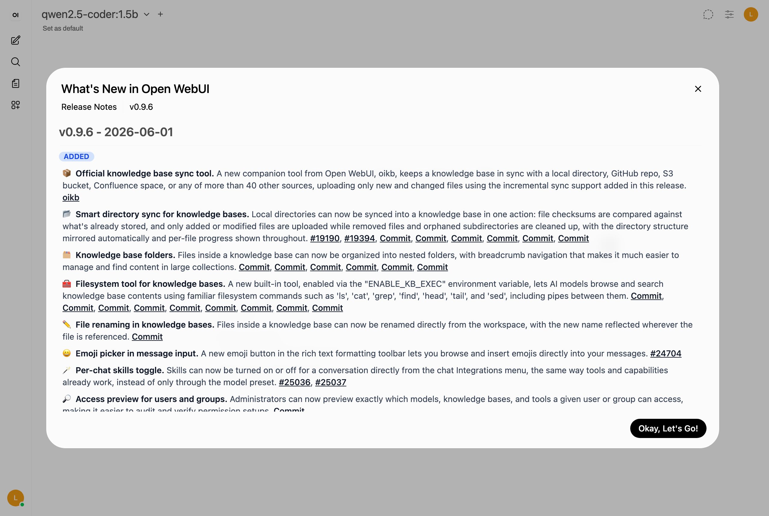 Open WebUI チャット画面（ローカルollama接続済み、Playwright 実撮影）
