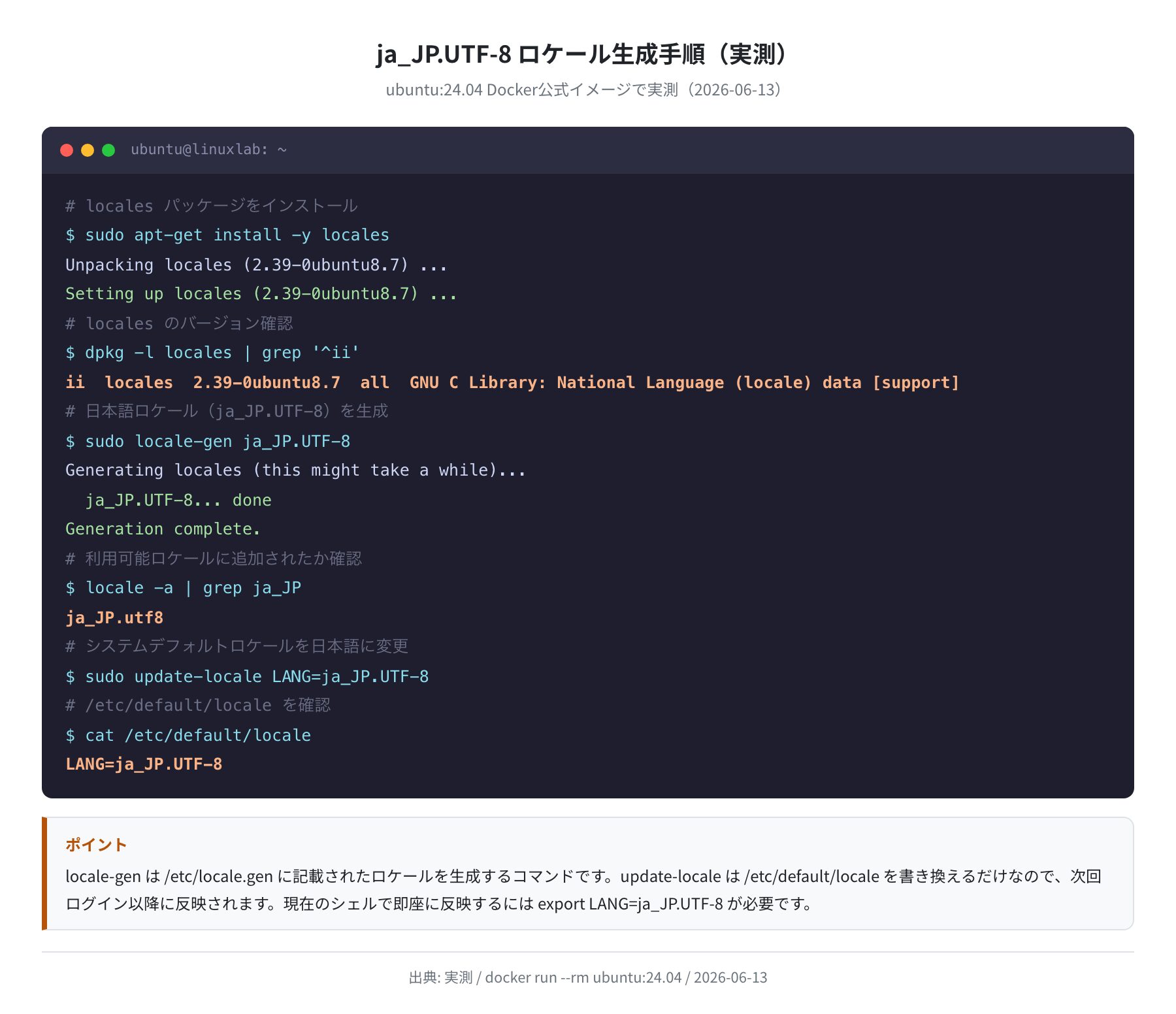 ja_JP.UTF-8 ロケール生成手順(実測)