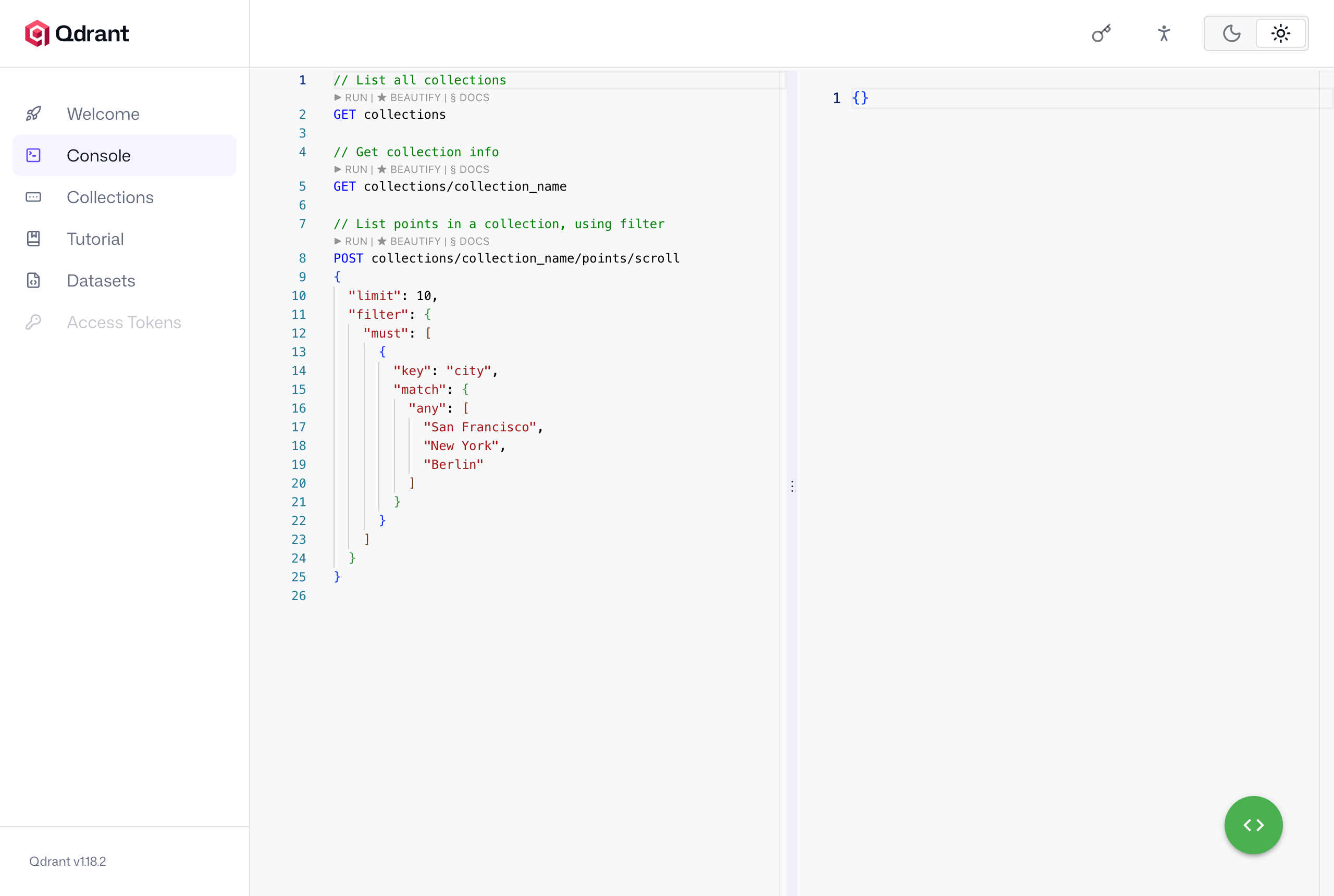 Qdrant Web コンソール(REST APIをブラウザから実行できる画面、Playwright実撮影)