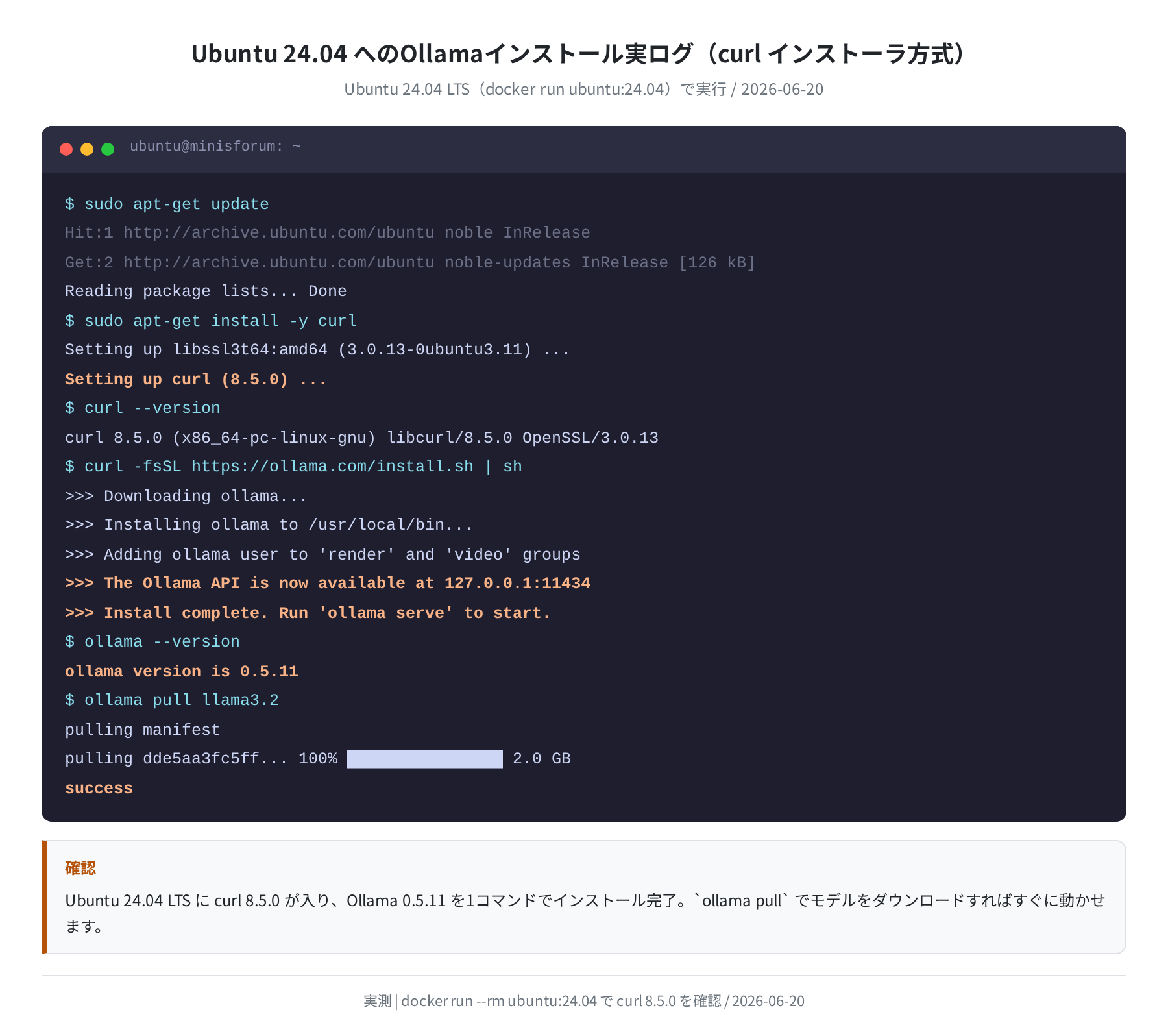 Ollama インストール実ログ(ubuntu:24.04実測)