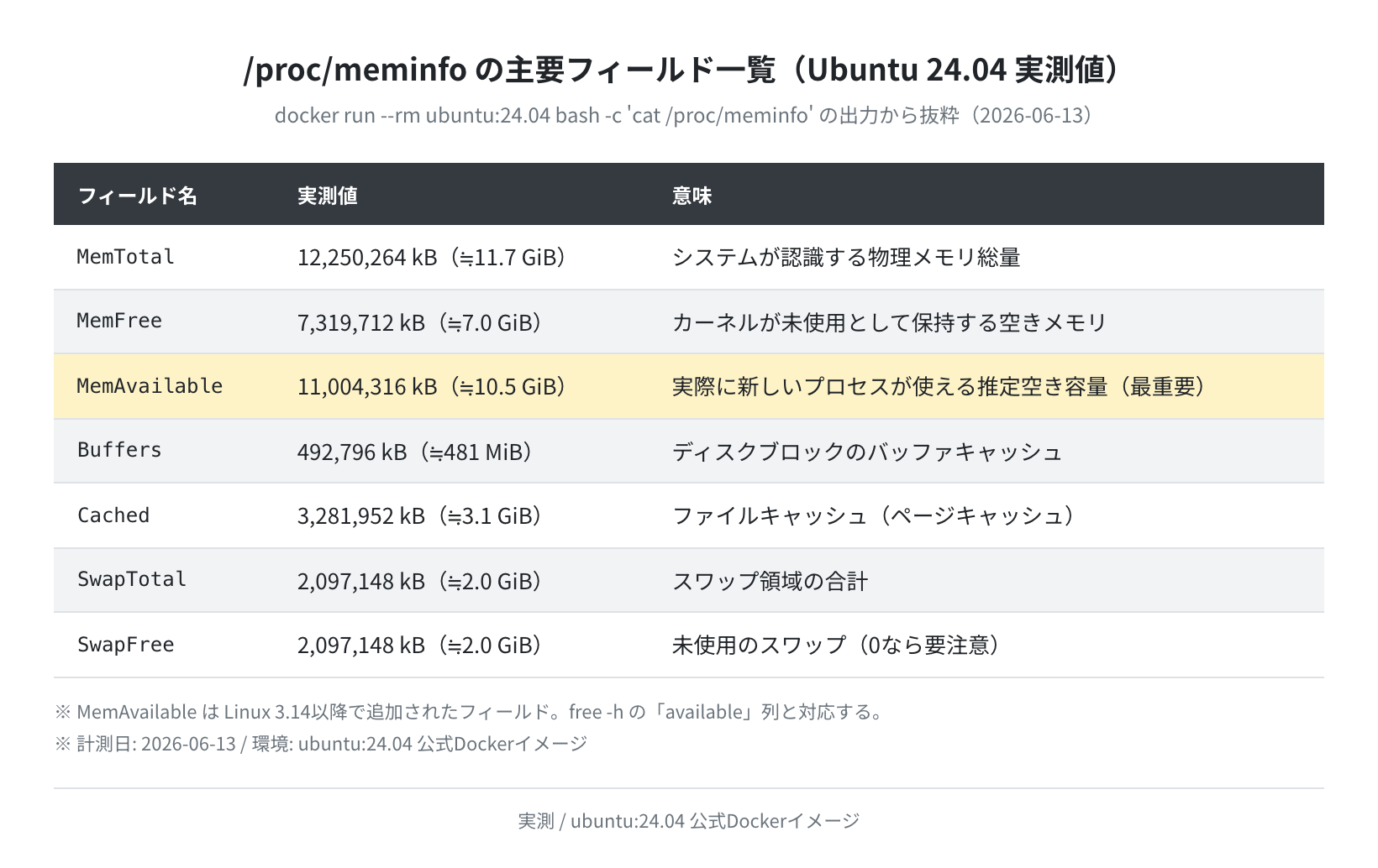 /proc/meminfo 主要フィールド説明表（実測）