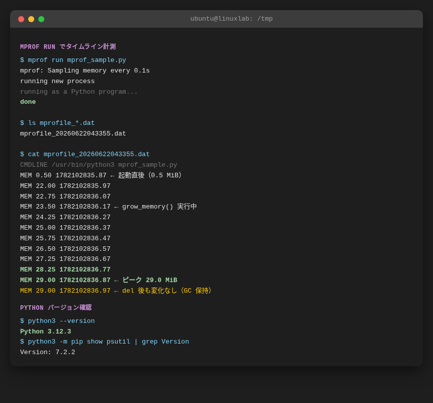 mprof run の実行画面と計測データ（実測・Ubuntu 24.04）