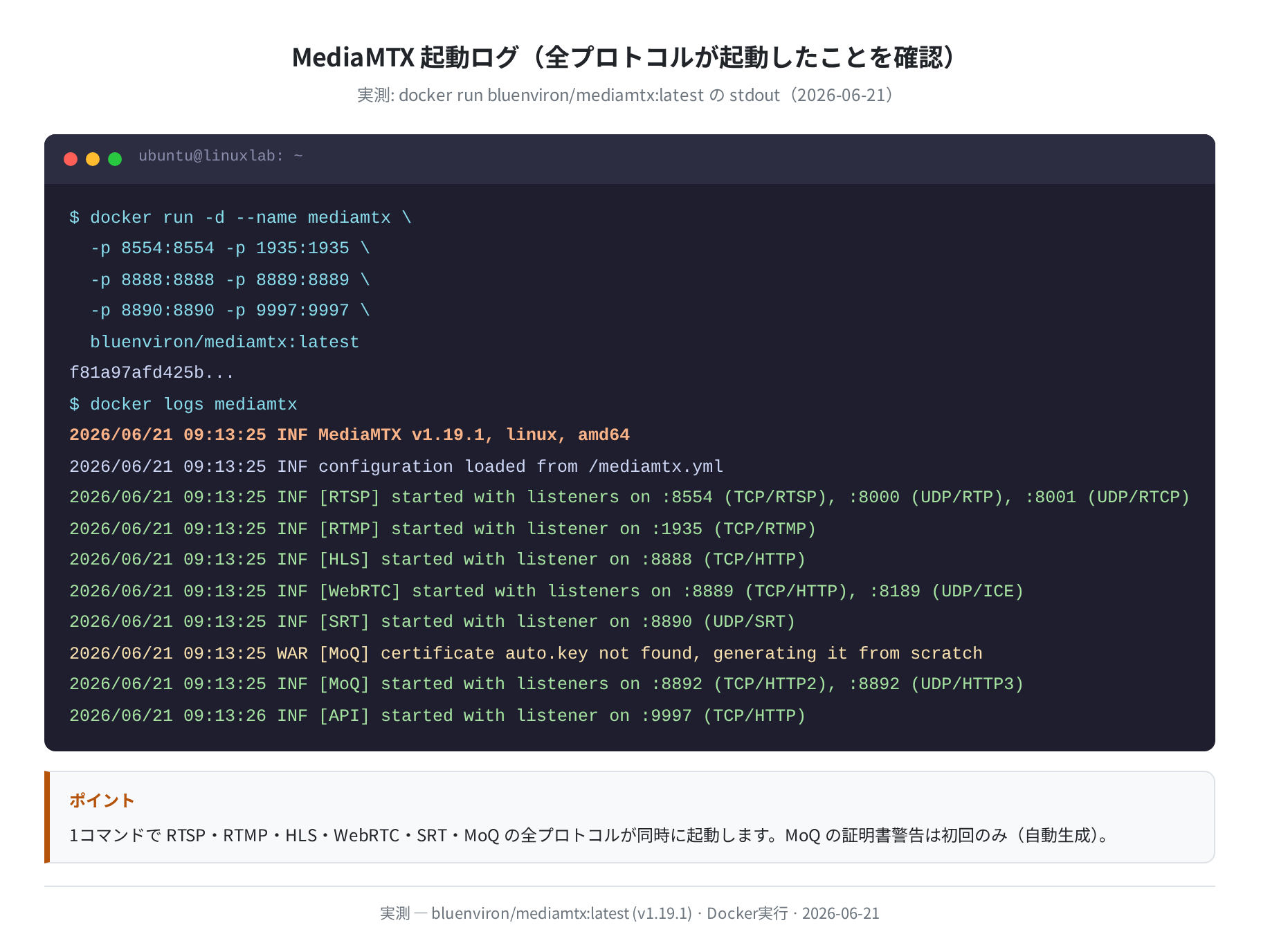 MediaMTX 起動ログ（全プロトコル確認済み・実測）