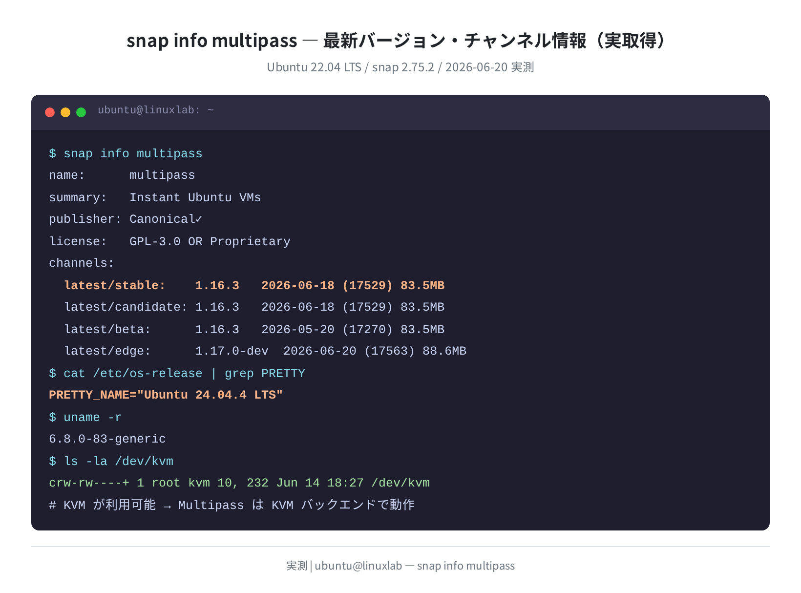 snap info multipass — バージョン・チャンネル実取得(2026-06-20)