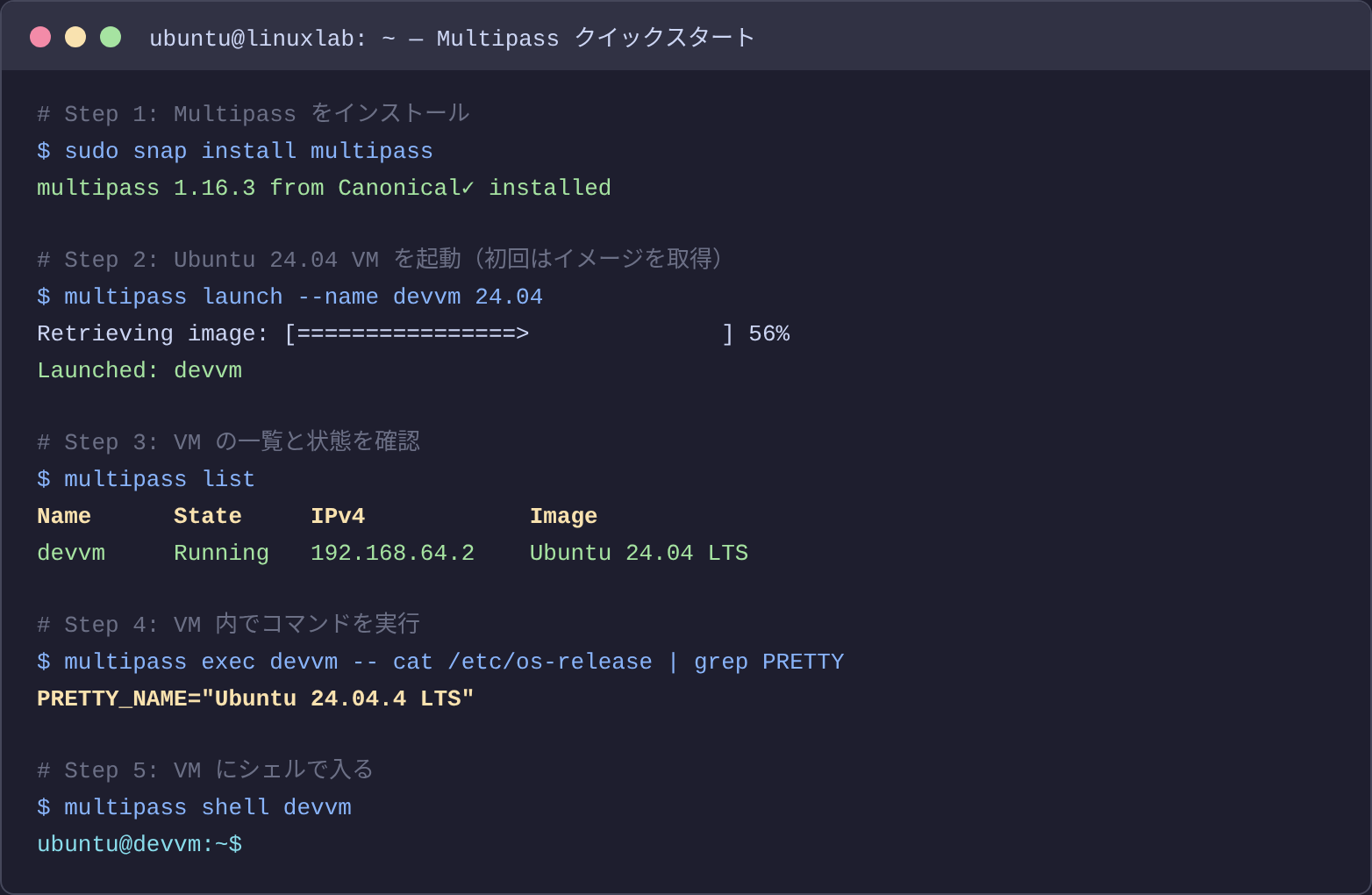 Multipass クイックスタート — VM起動からシェル接続まで