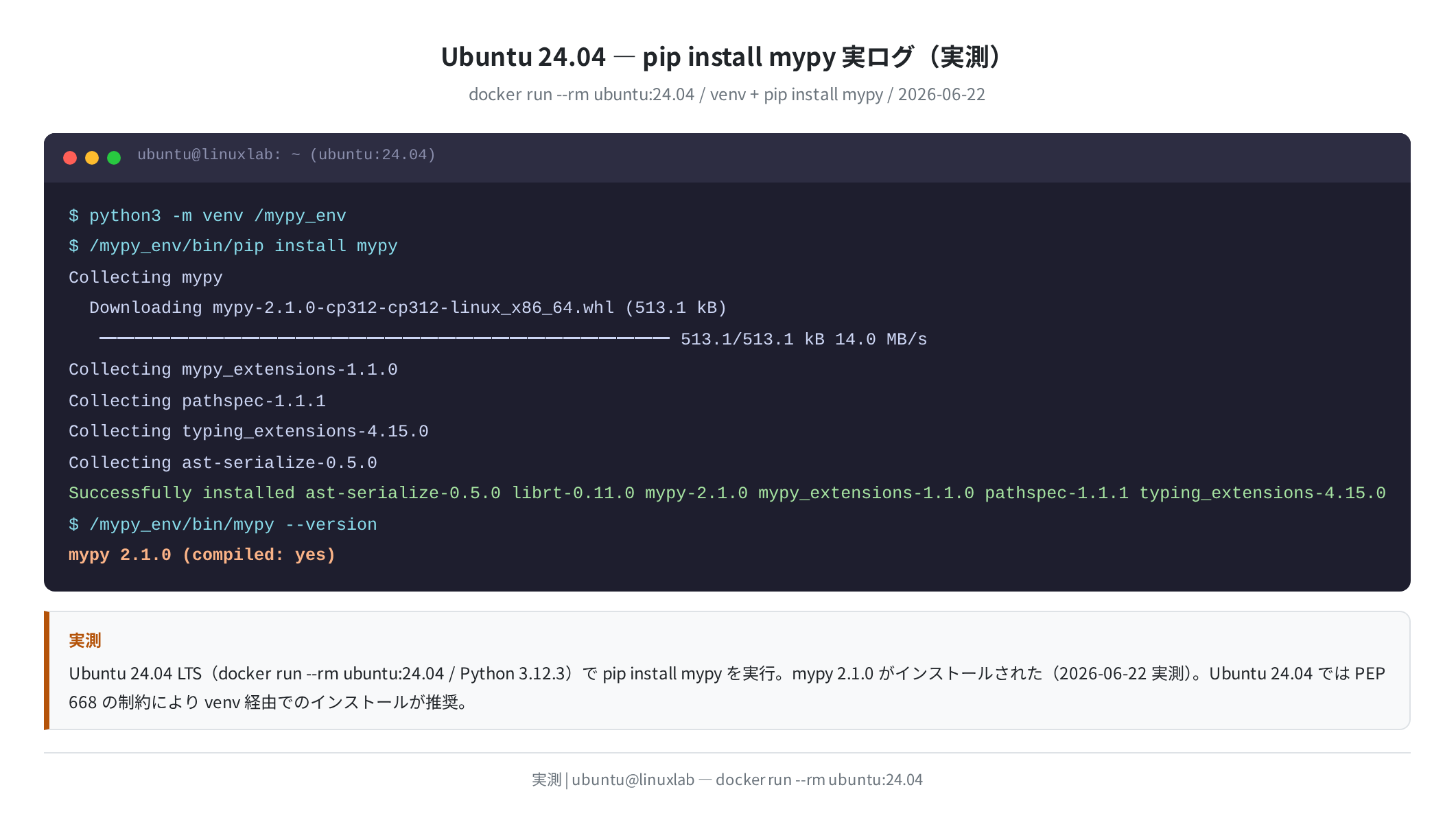 Ubuntu 24.04 での mypy インストールログ(実測)