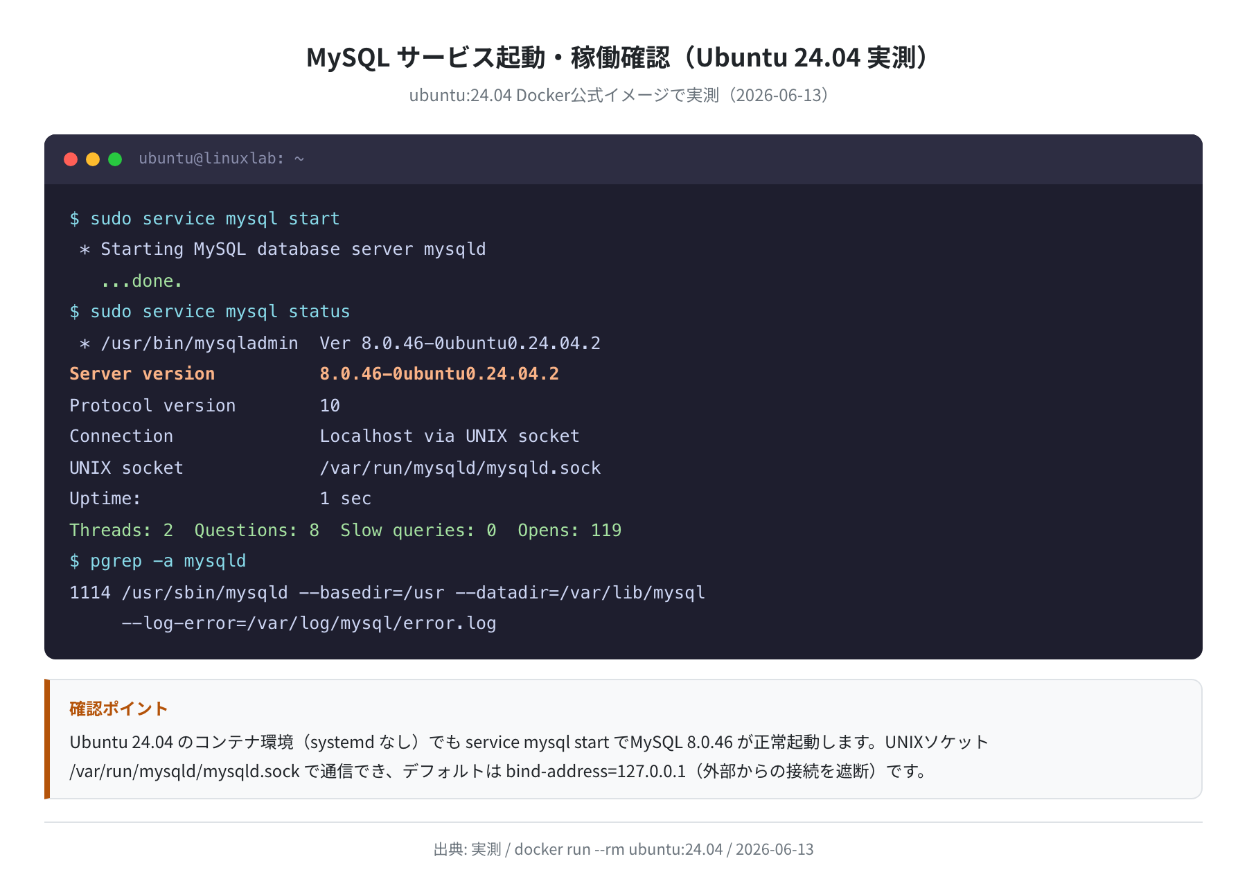 MySQL サービス起動確認（Ubuntu 24.04 実測）