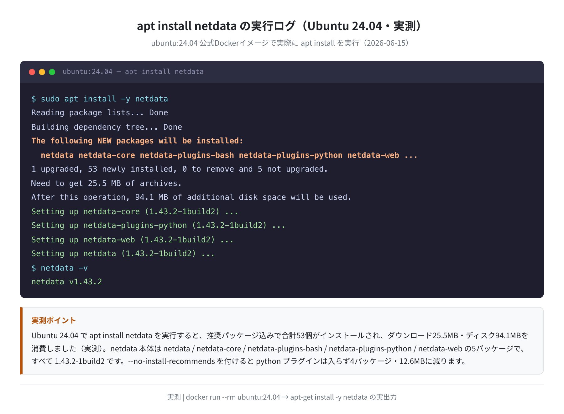 Netdata aptインストールログ(Ubuntu 24.04 実測)
