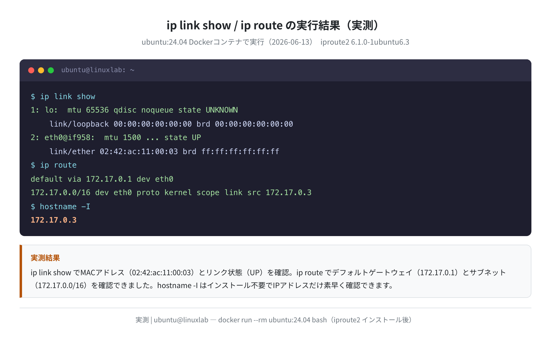 ip link show / ip route / hostname -I の実行結果（ubuntu:24.04 実測）