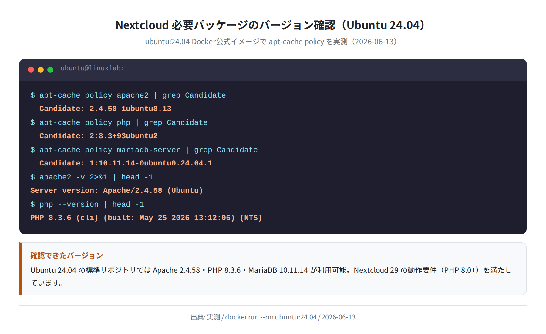 Ubuntu 24.04 で利用可能なパッケージバージョン(apt-cache policy で実測)