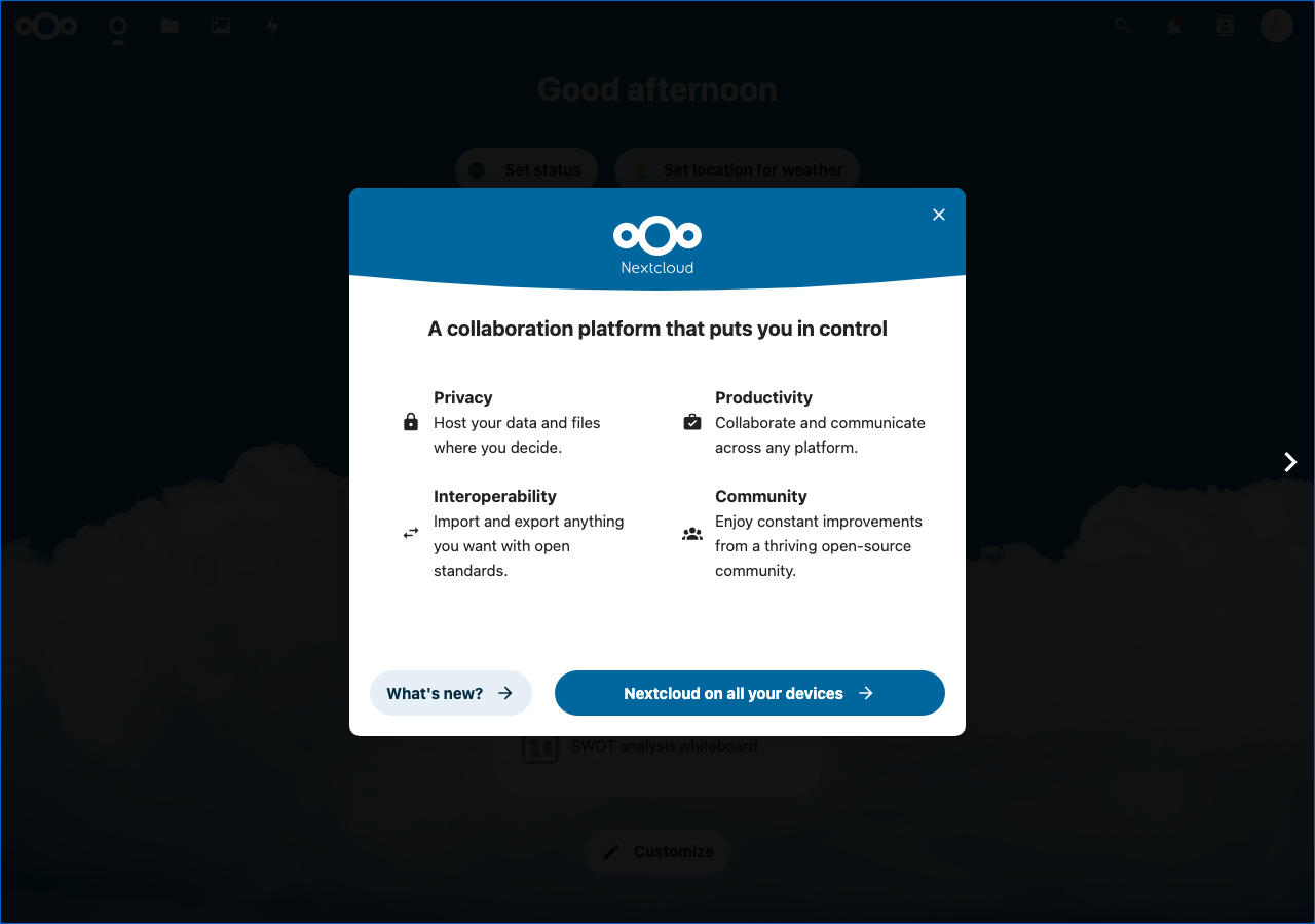 Nextcloud 29 ダッシュボード(ログイン直後の画面、Playwright で実撮影)