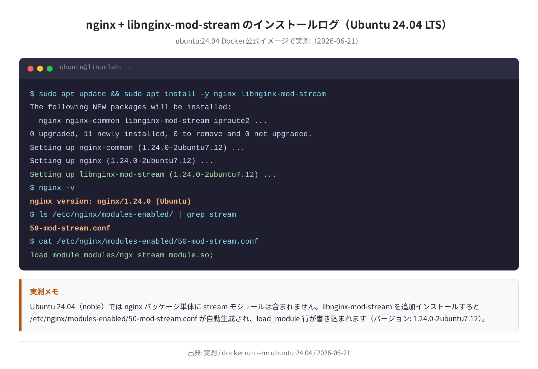 apt install nginx libnginx-mod-stream の実行ログ(Ubuntu 24.04、2026-06-21 実測)