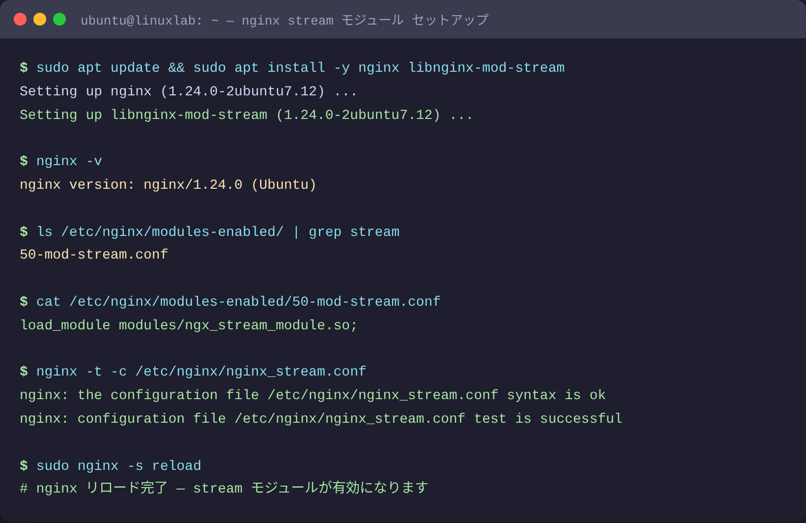 nginx stream セットアップのターミナルセッション(実測コマンドの流れ)