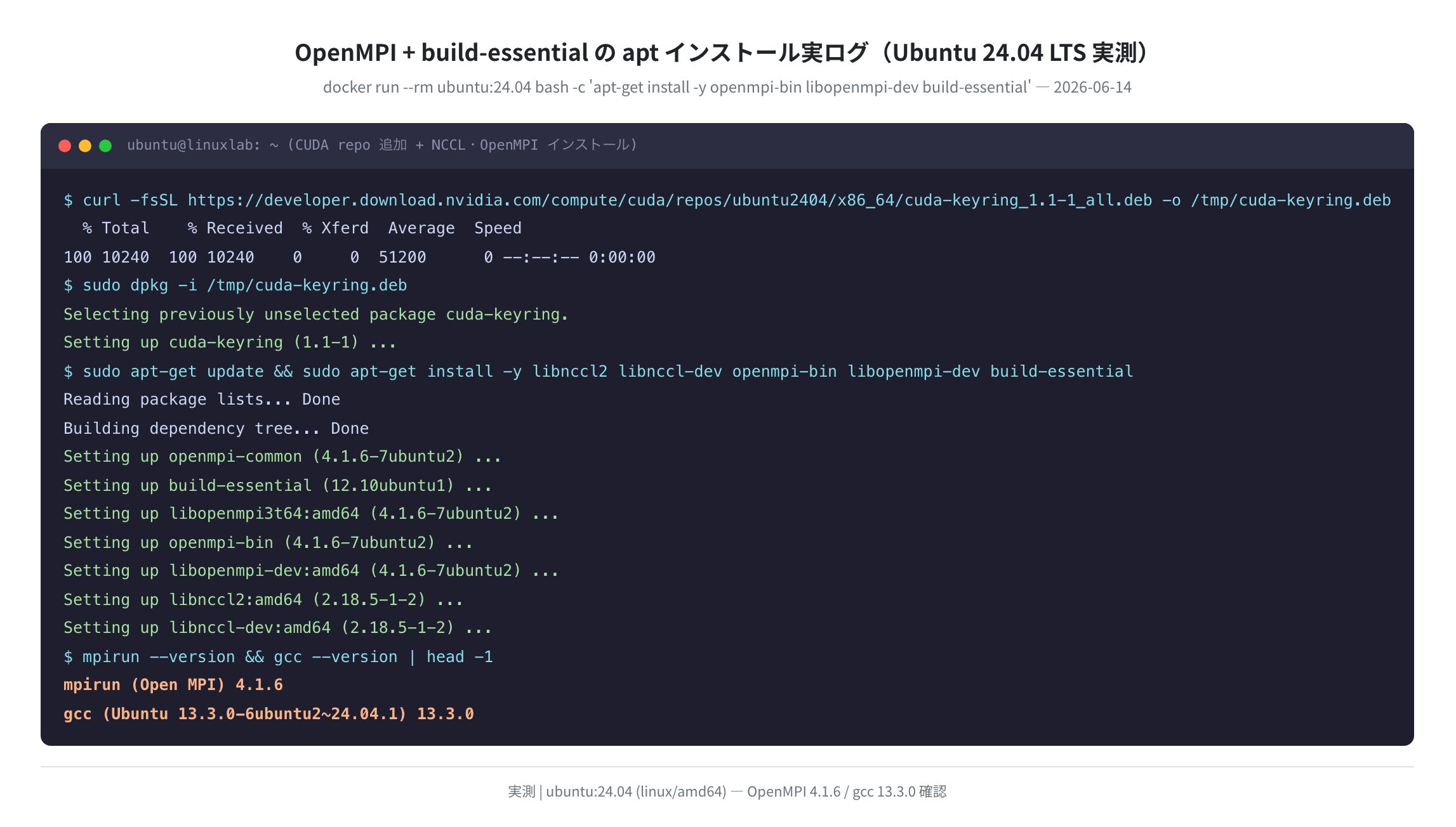 OpenMPI + NCCL の apt インストール実ログ(Ubuntu 24.04 実測)
