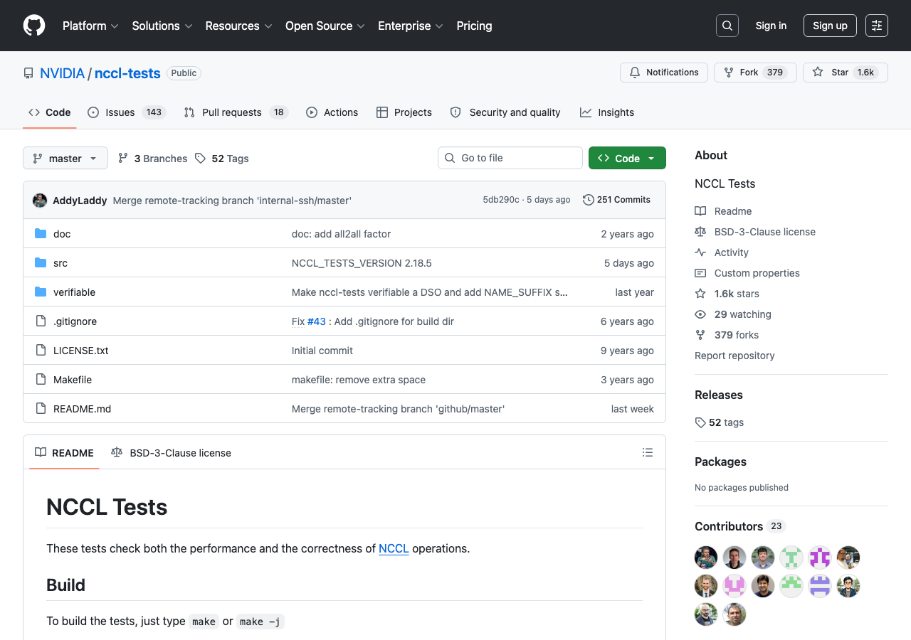 NVIDIA nccl-tests GitHub リポジトリ(2026-06-14)