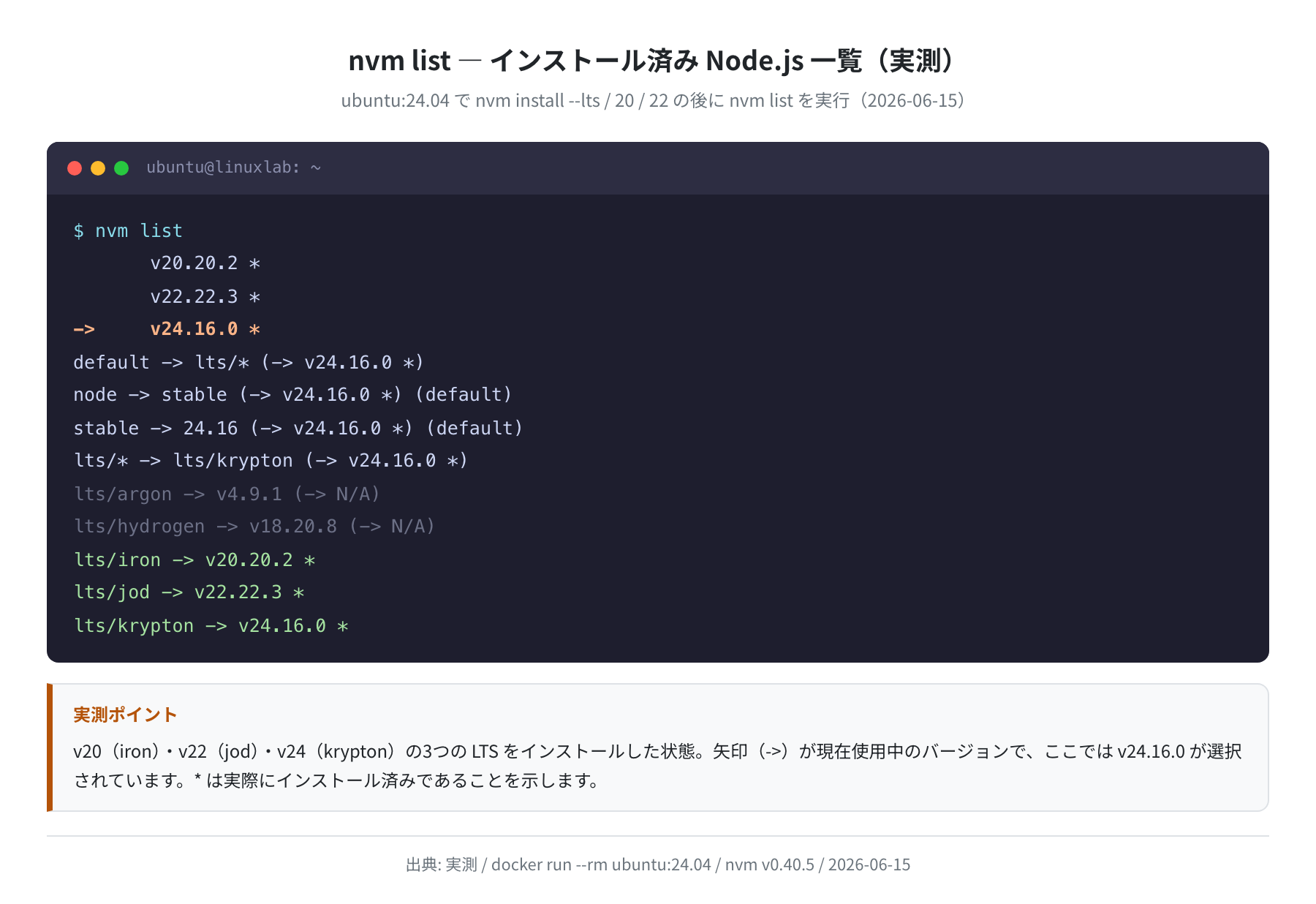 nvm list 実出力（v20/v22/v24 インストール済み・実測）