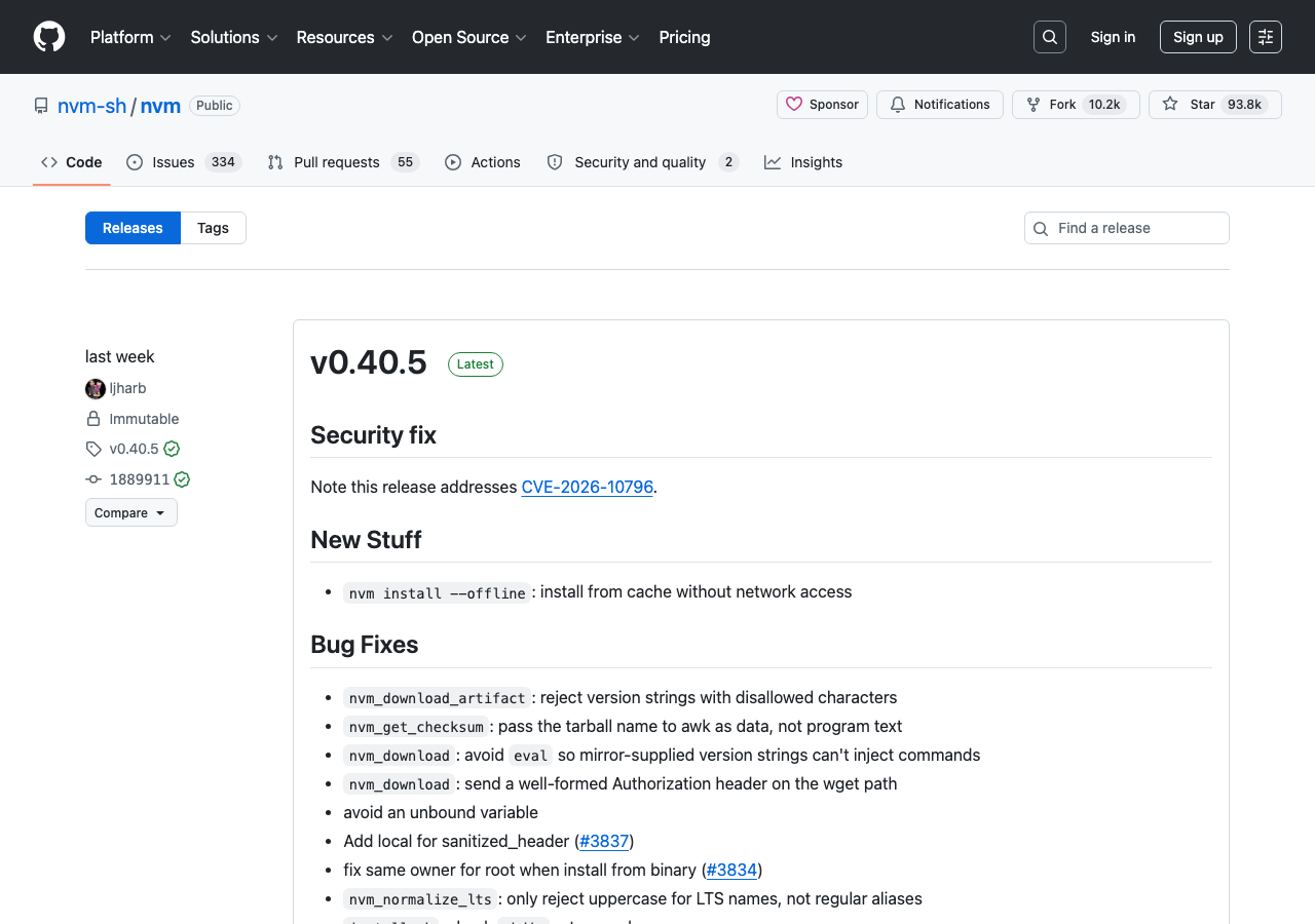 nvm-sh/nvm GitHub releases ページ（Playwright 撮影・2026-06-13）