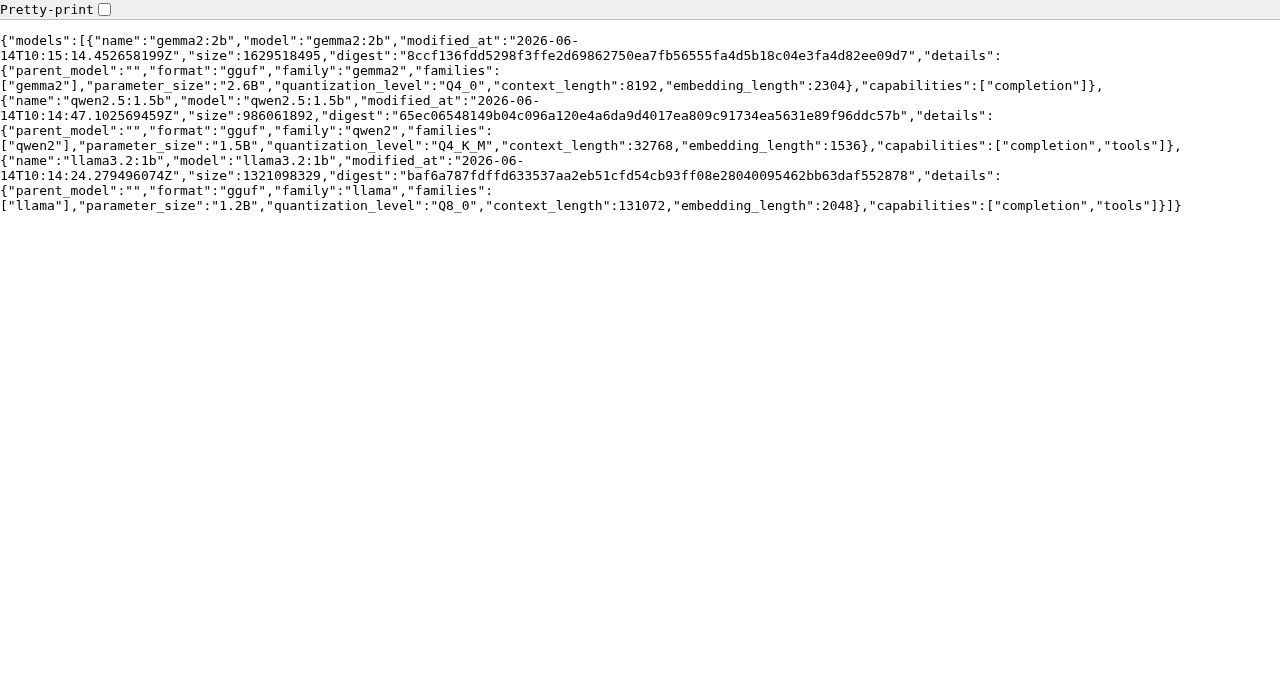 Ollama API /api/tags の実出力。gemma2:2b / qwen2.5:1.5b / llama3.2:1b の 3モデルが登録済み。実測
