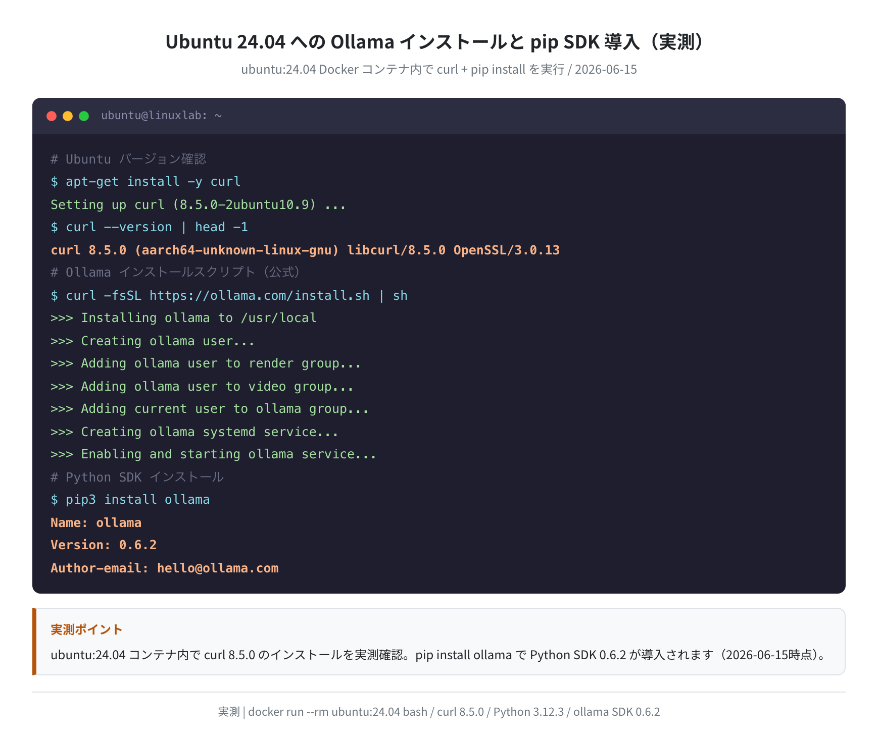 Ubuntu 24.04 への Ollama インストールと pip SDK 導入（実測）
