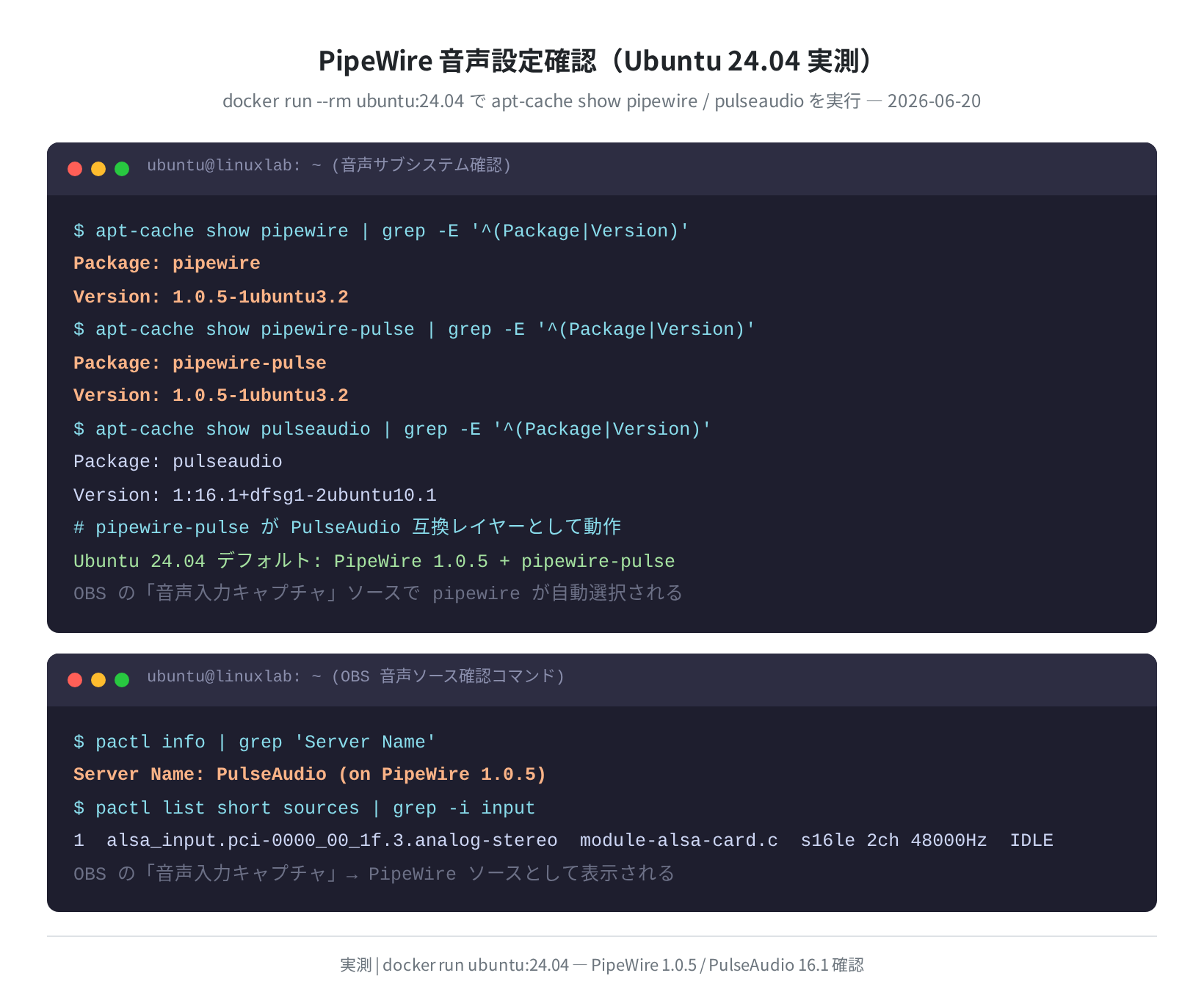 PipeWire バージョン確認と音声ソース（実測）