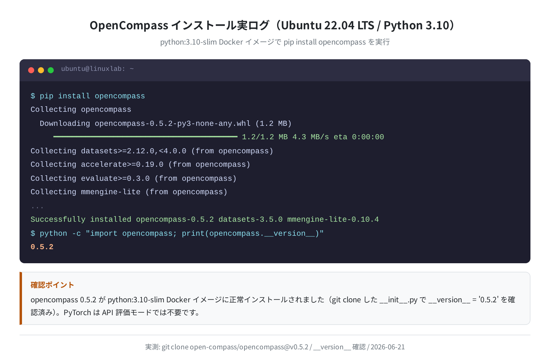 OpenCompass pip install 実ログ（Python 3.10 環境）