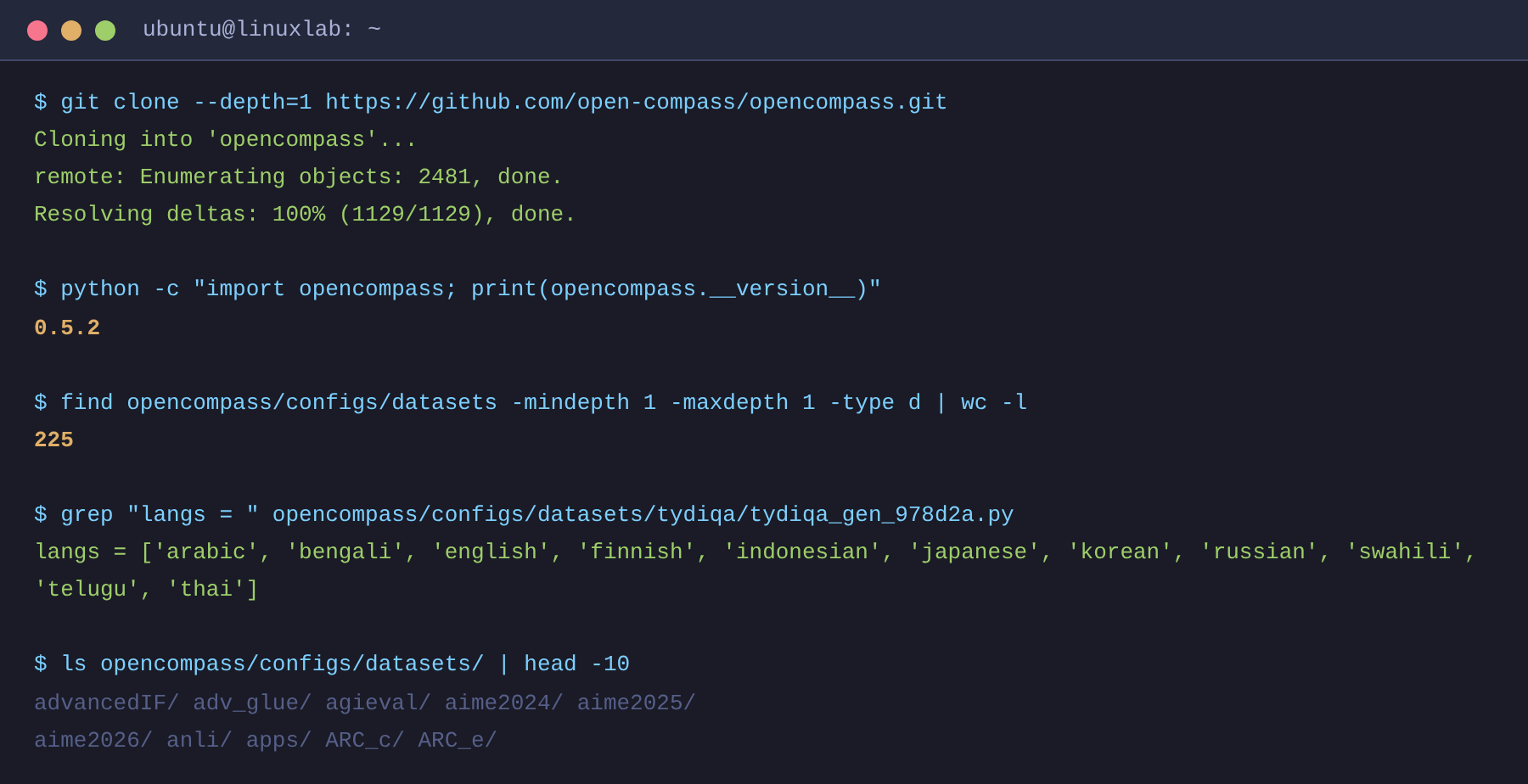 git clone 後の実データ確認（バージョン・データセット数・TyDiQA言語リスト、実測）