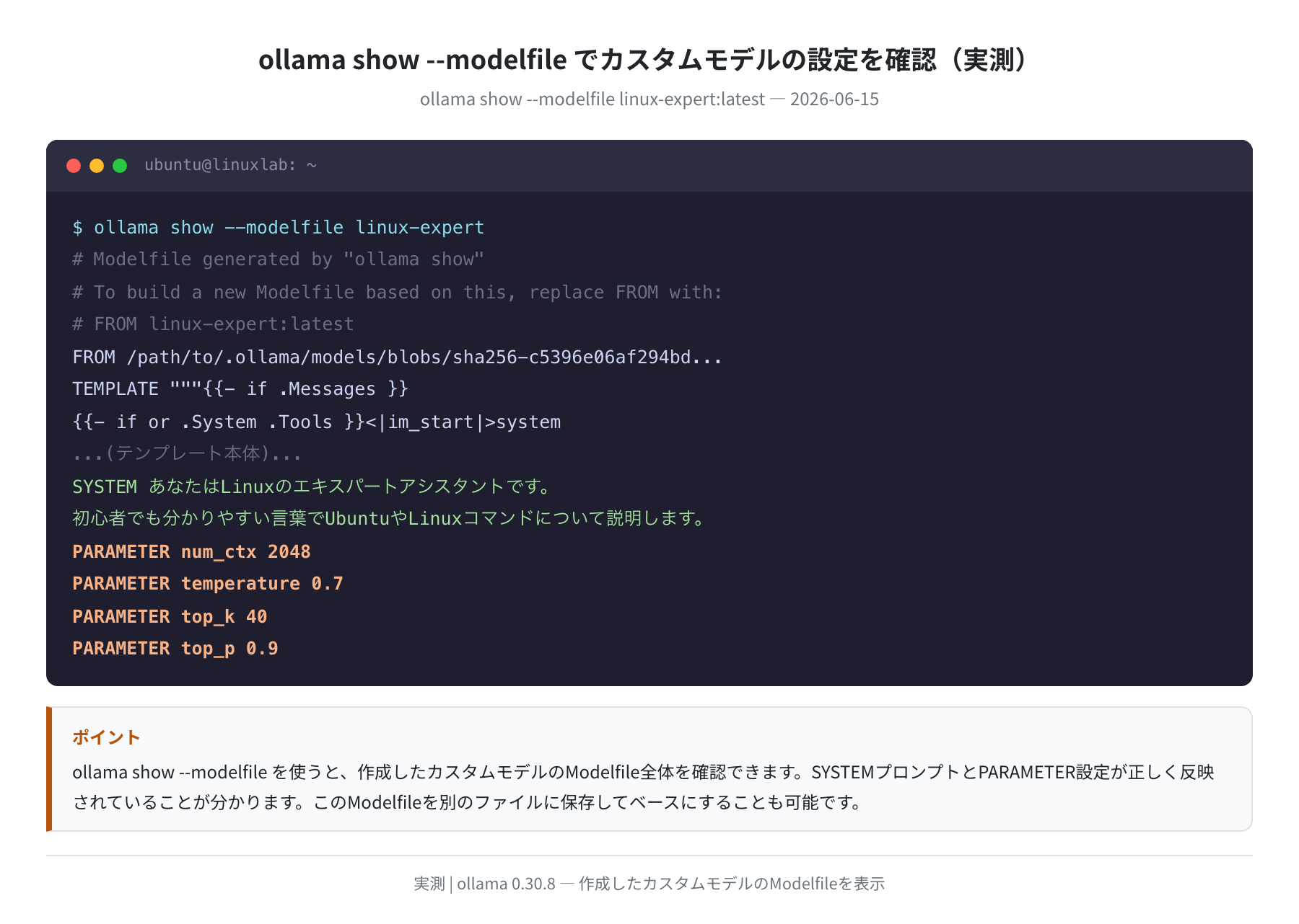 ollama show --modelfile の実行結果(実測)