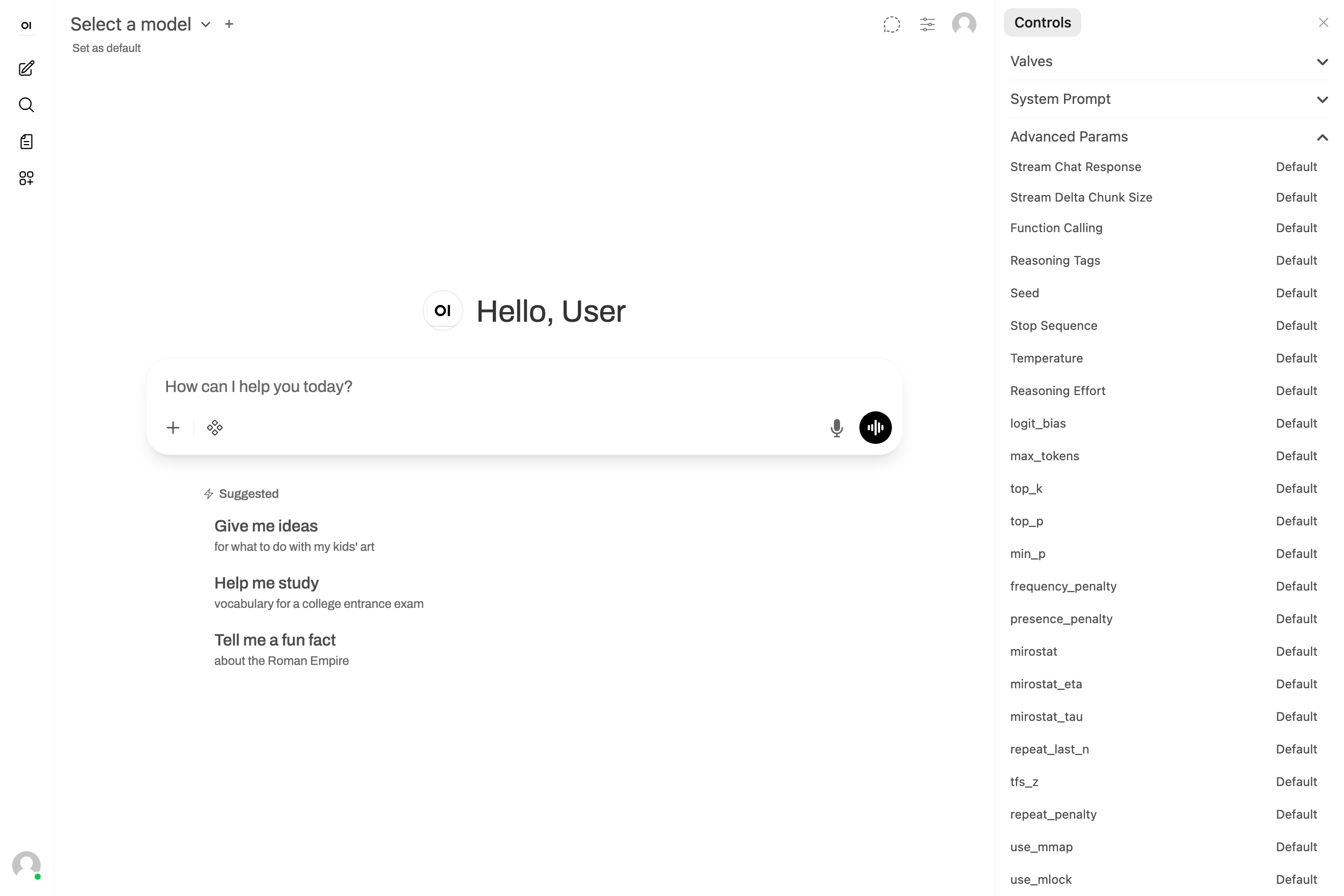 Open WebUIのAdvanced Paramsパネル(Temperature・top_k・top_p等が並ぶ)