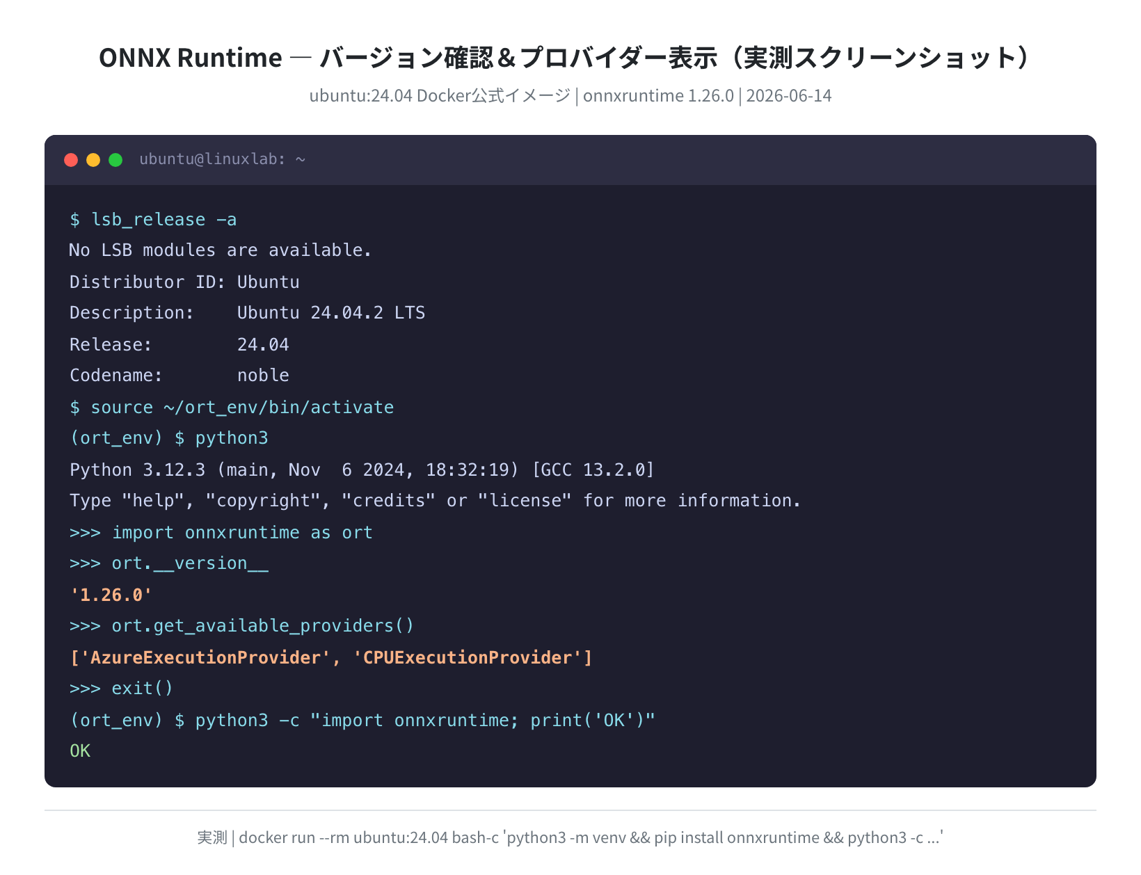 Ubuntu 24.04 でのバージョン確認&プロバイダー表示(実測スクリーンショット)