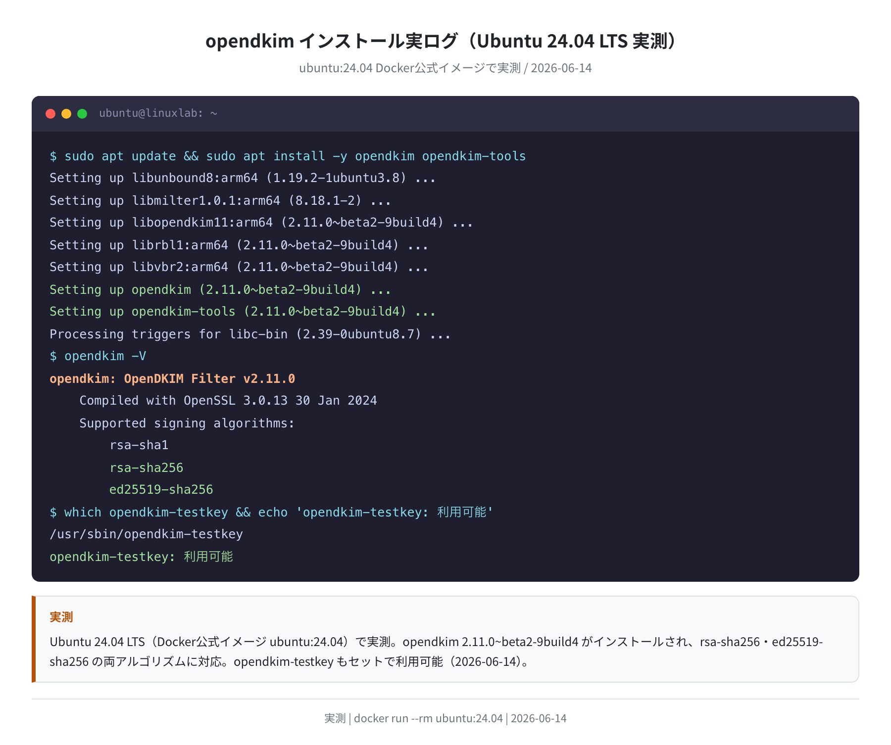 opendkim インストール実ログ(Ubuntu 24.04 実測)