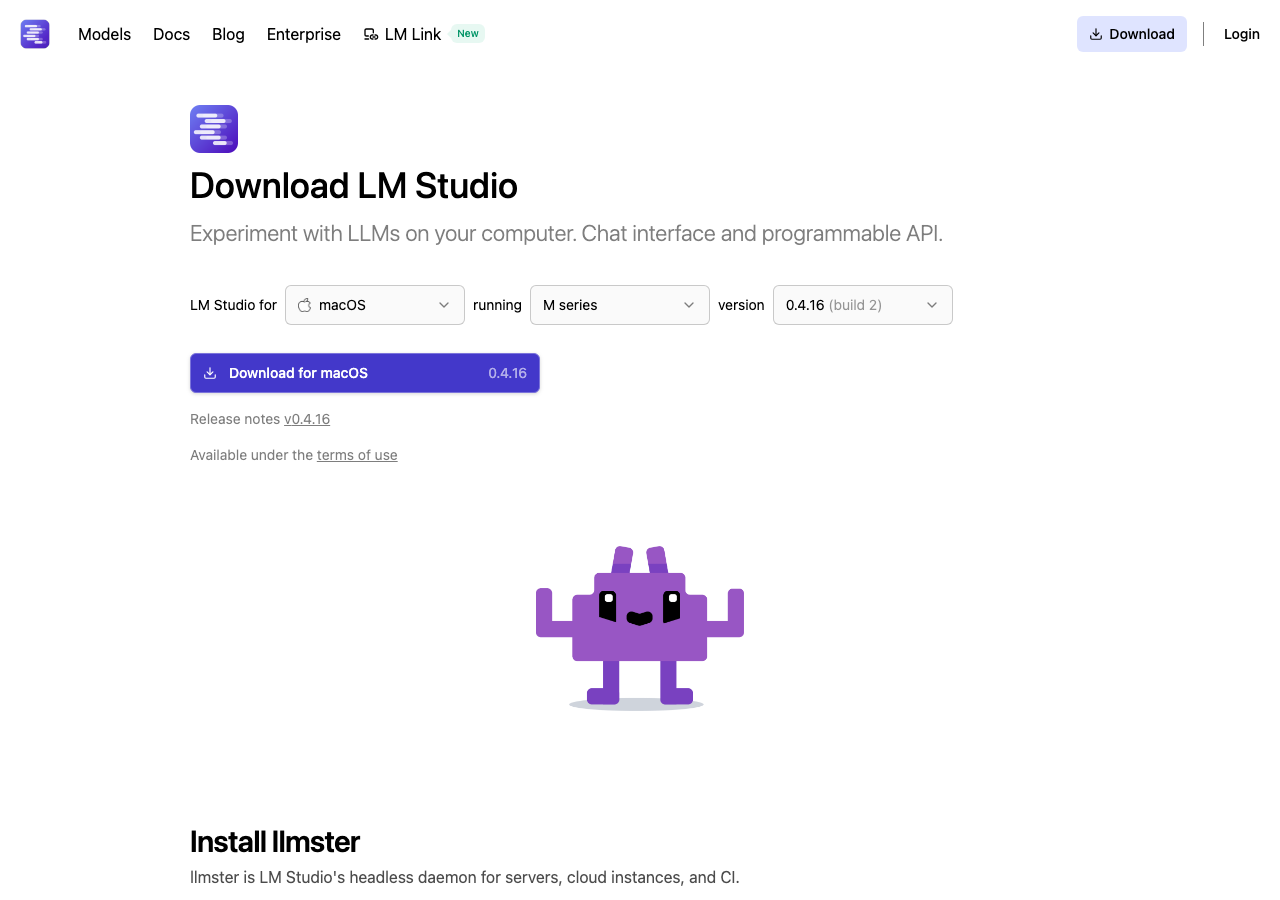 LM Studio 0.4.16 ダウンロードページ(lmstudio.ai/download)