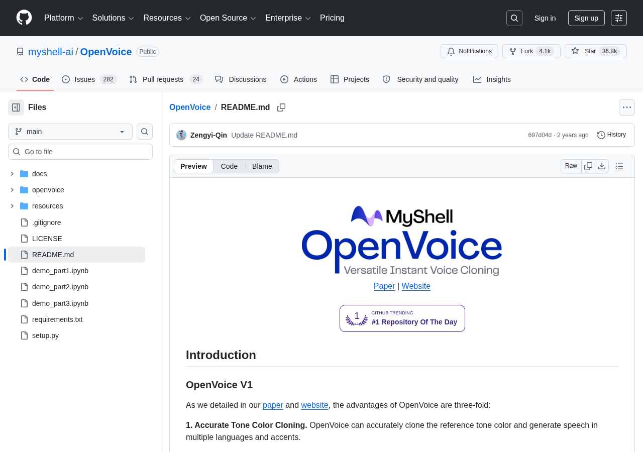 OpenVoice README（使用例・言語一覧）