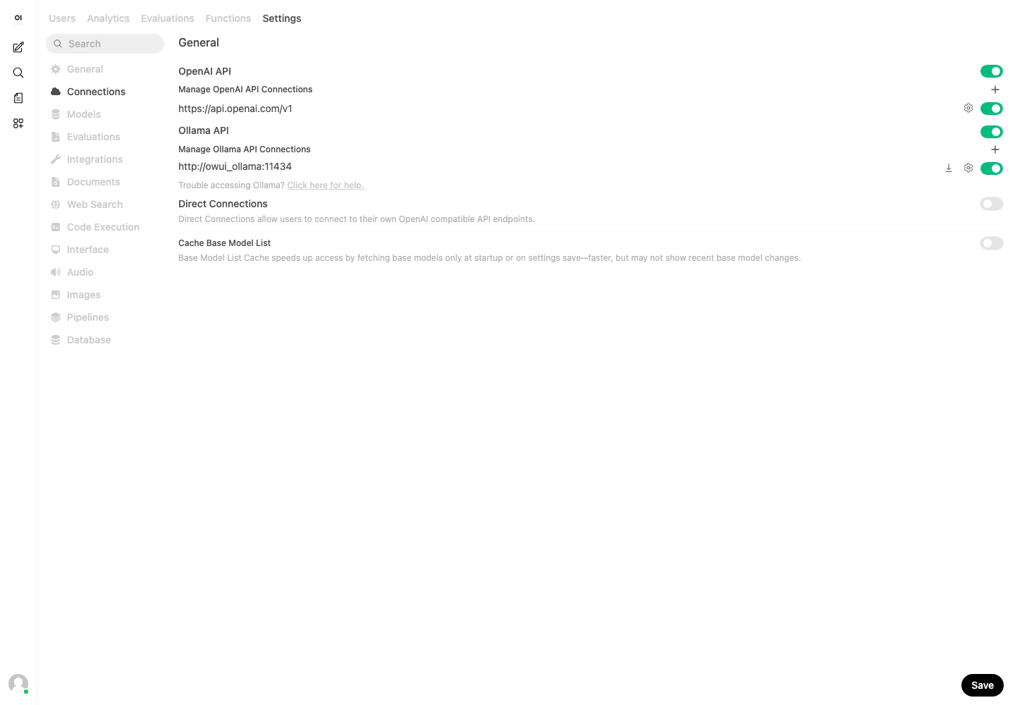 Open WebUI 管理者設定 接続(Connections)画面(実測)