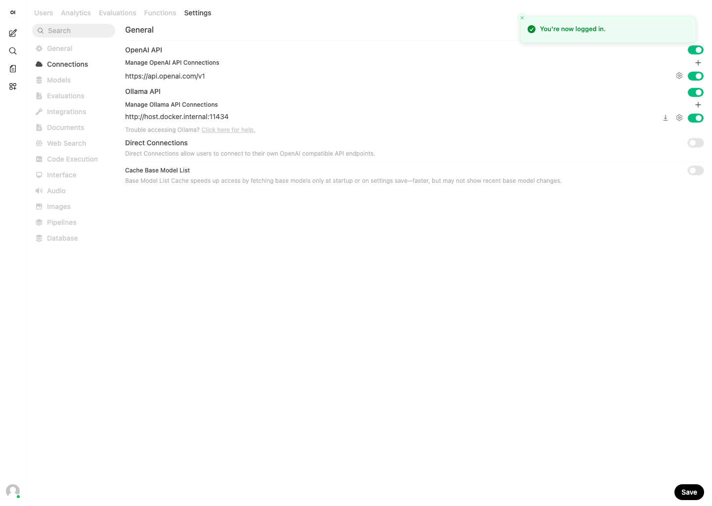Open WebUI 接続設定画面(Ollama / OpenAI API)(実撮影)