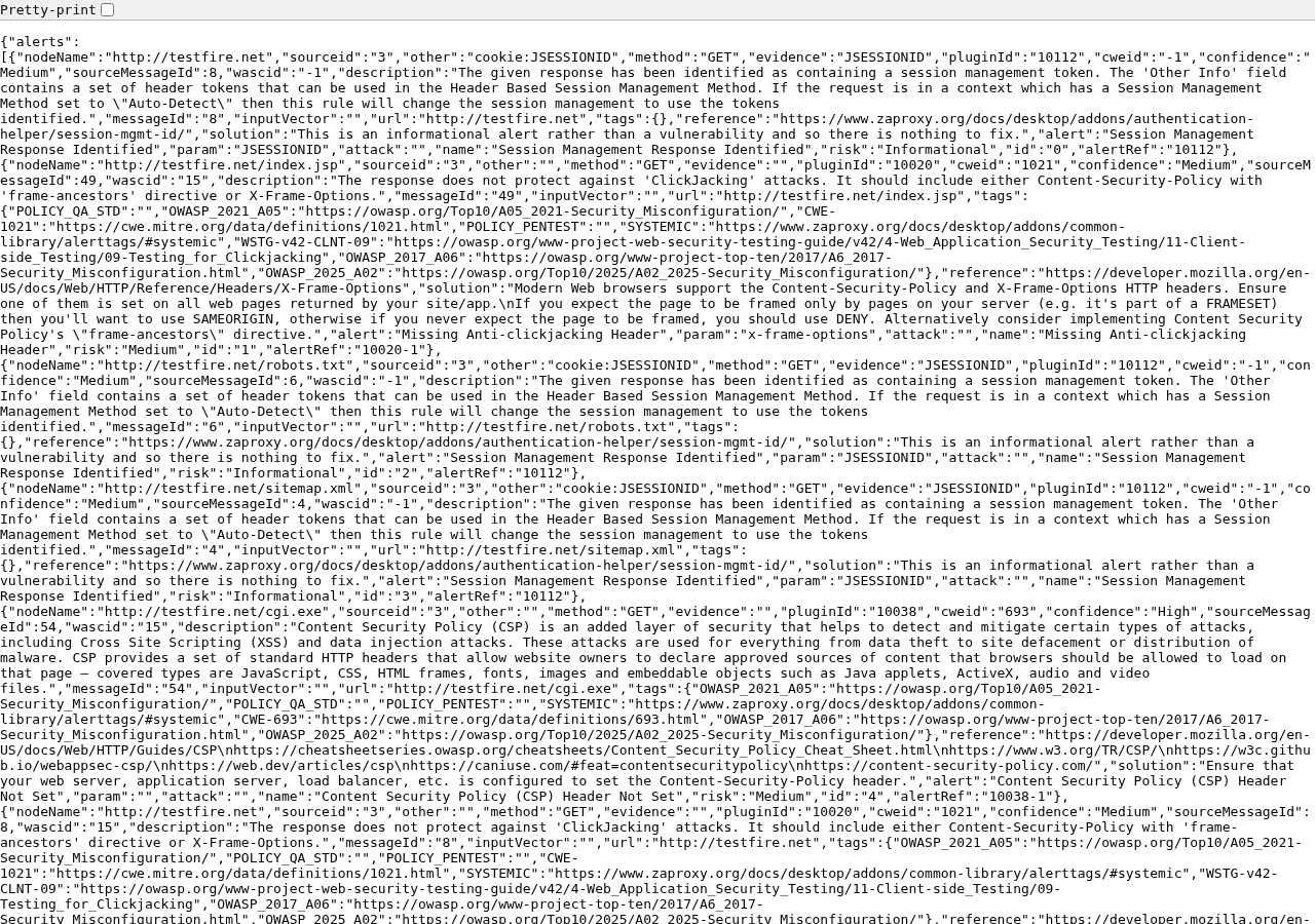 ZAP alerts API レスポンス（実撮影 / testfire.net スキャン後）