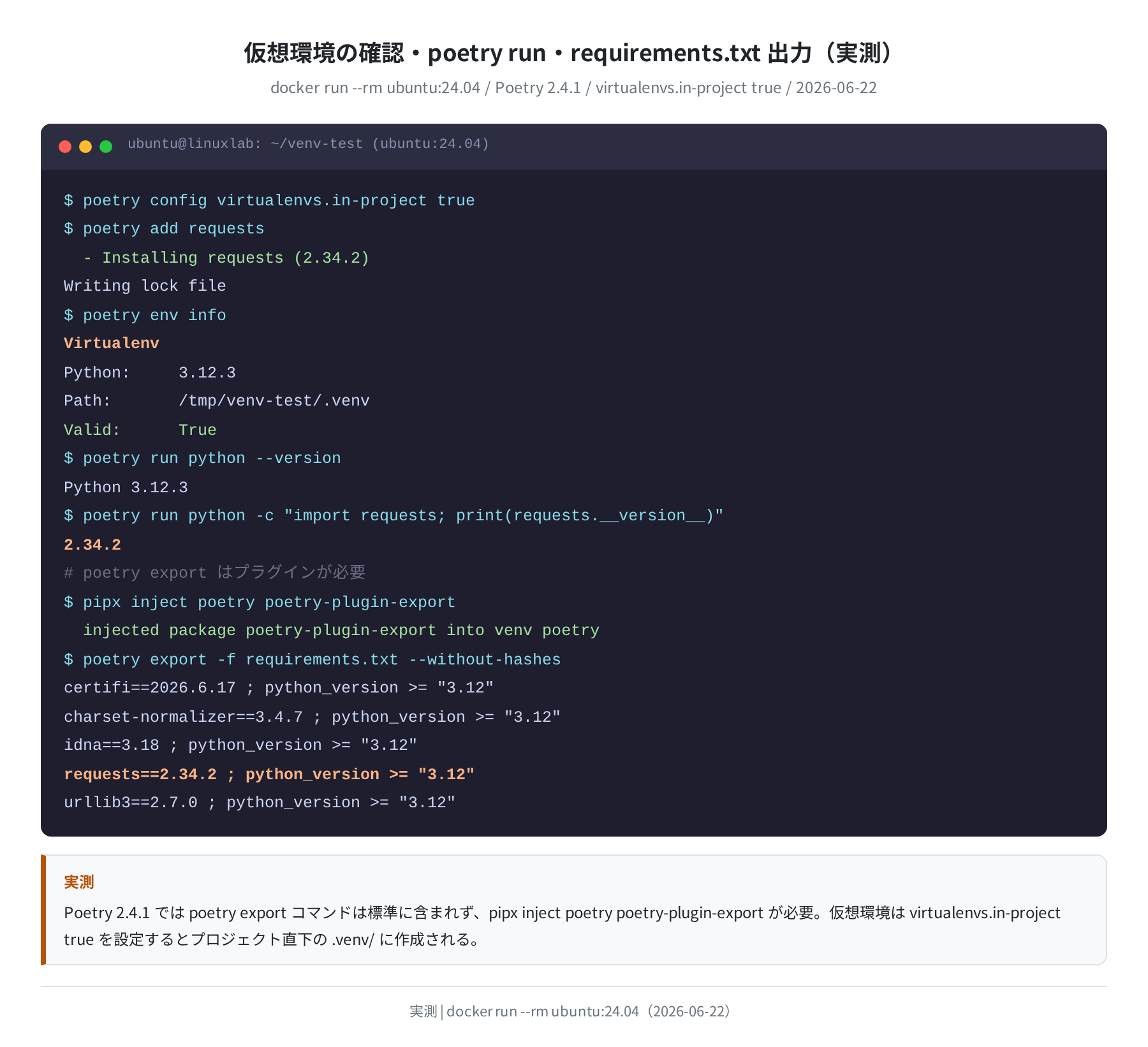 仮想環境確認・poetry run・export（実測）