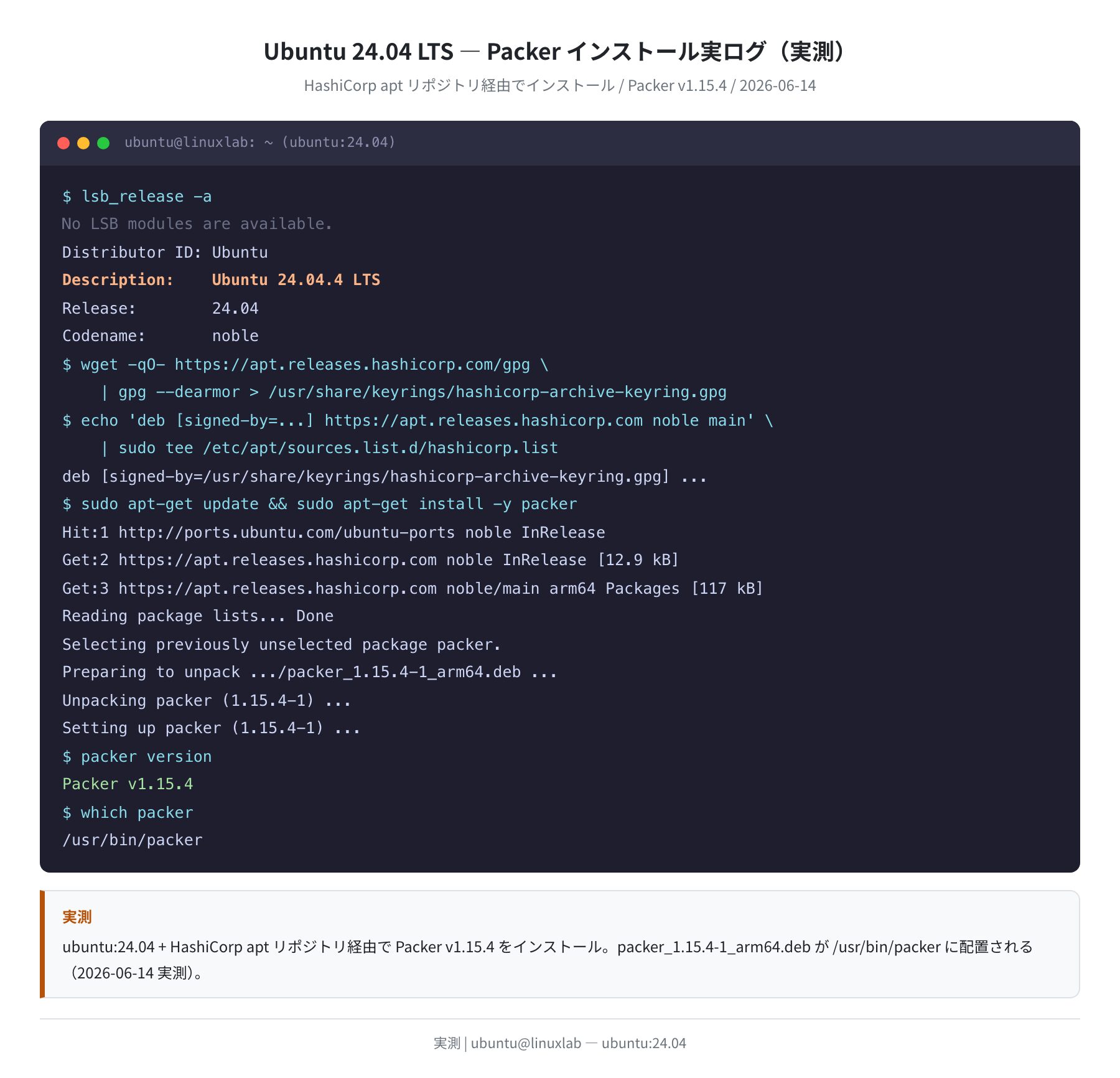 Packer インストール実ログ（ubuntu:24.04 実測）