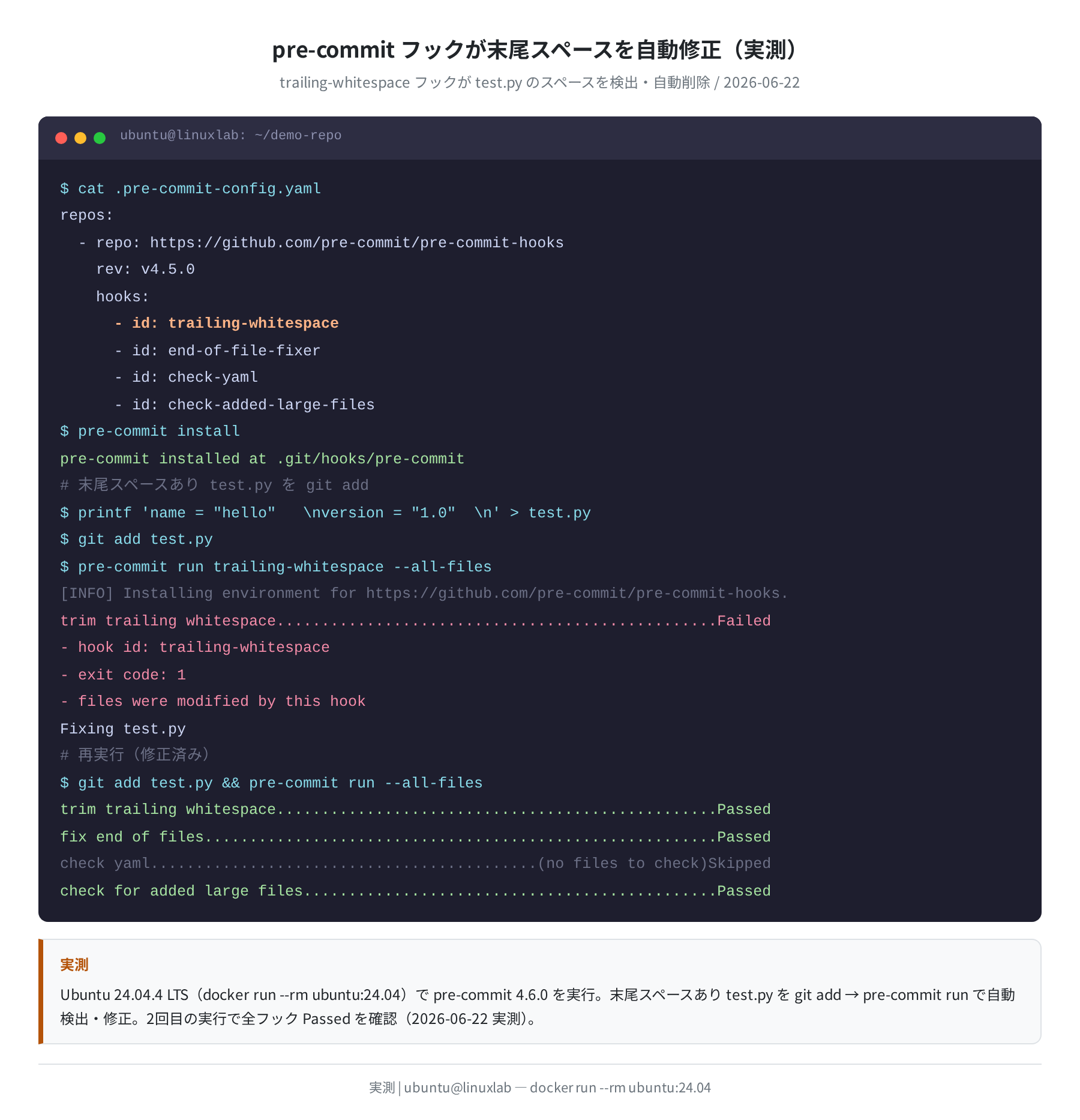 pre-commit フックが末尾スペースを自動修正（実測）