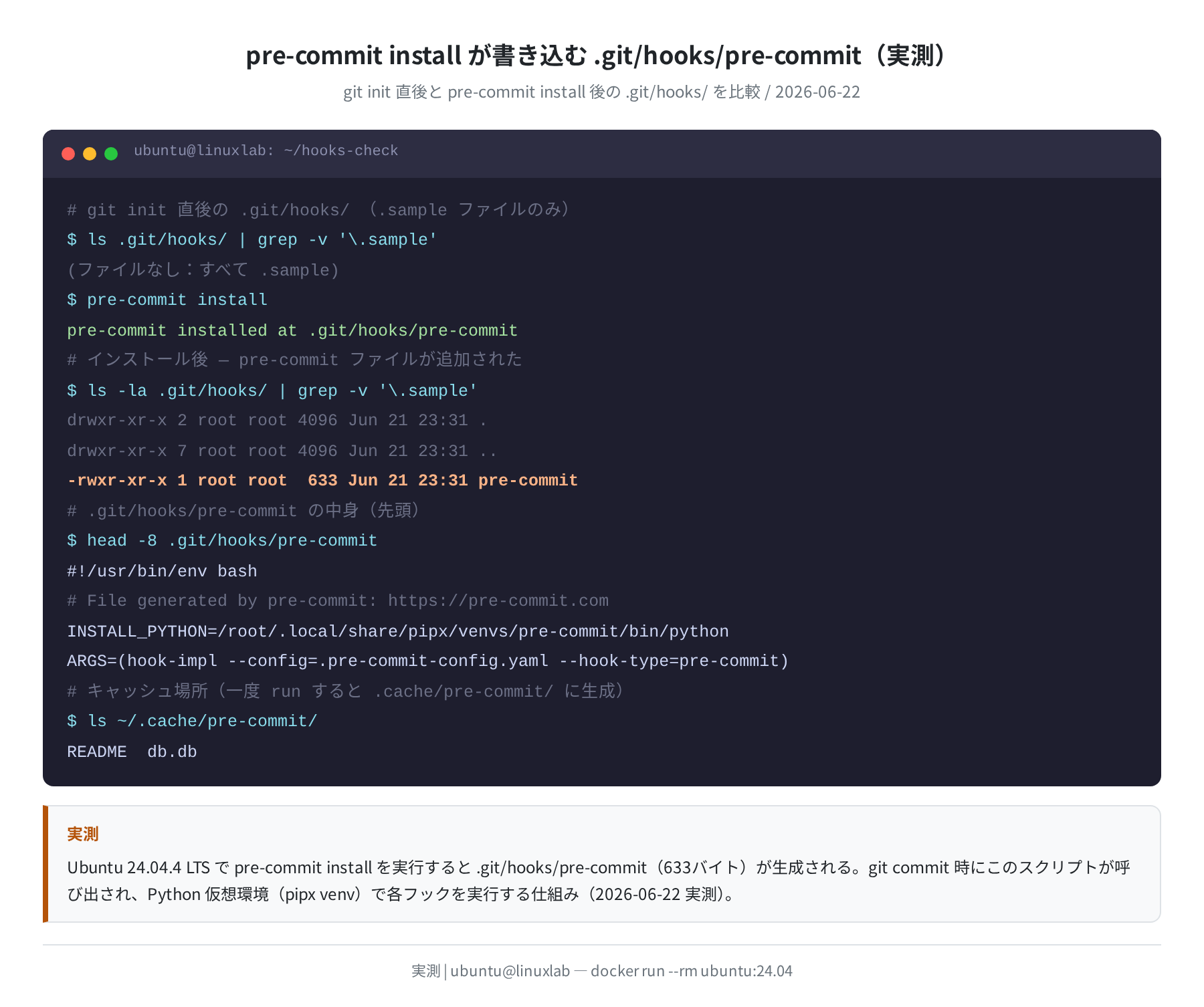 pre-commit install が書き込む .git/hooks/pre-commit（実測）