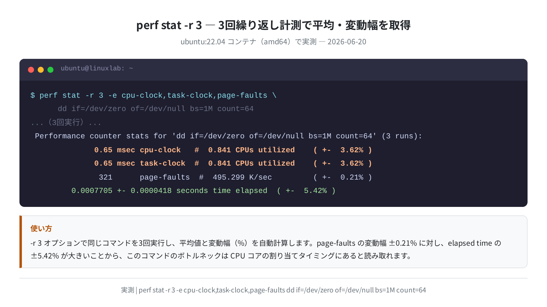 perf stat -r 3 の実測値と変動幅