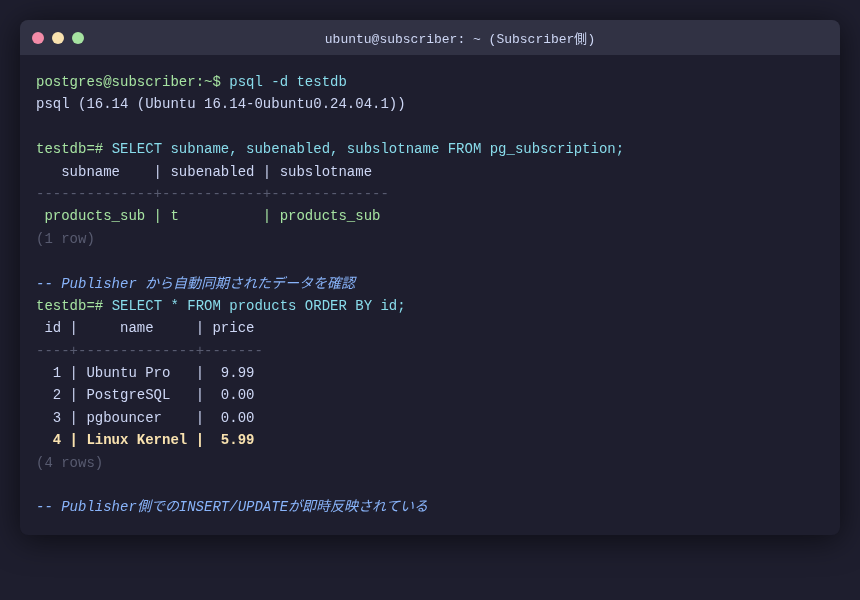 Subscriber 側で INSERT/UPDATE が反映された確認（実撮影）