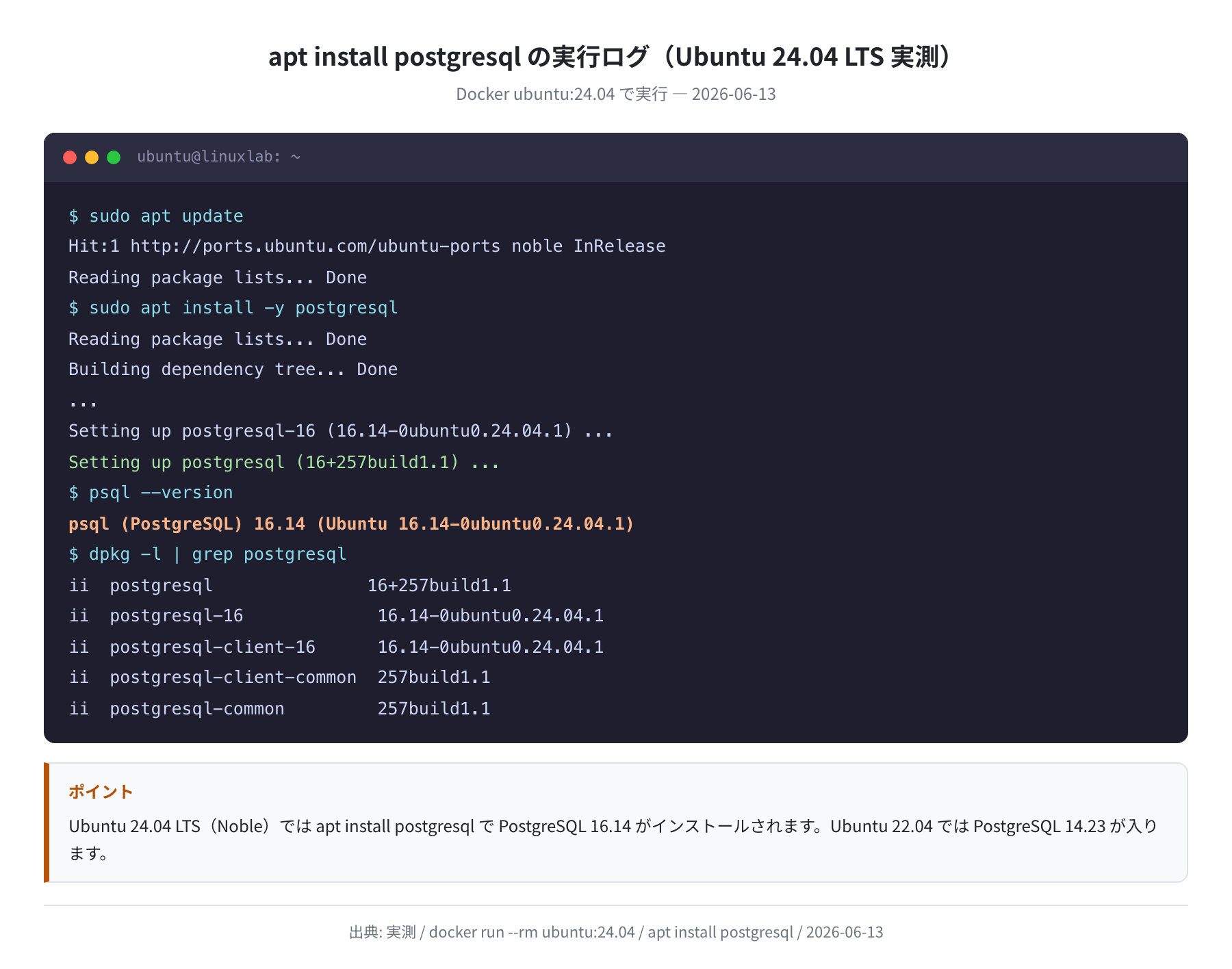 apt install postgresql の実行ログ(Ubuntu 24.04 LTS 実測)