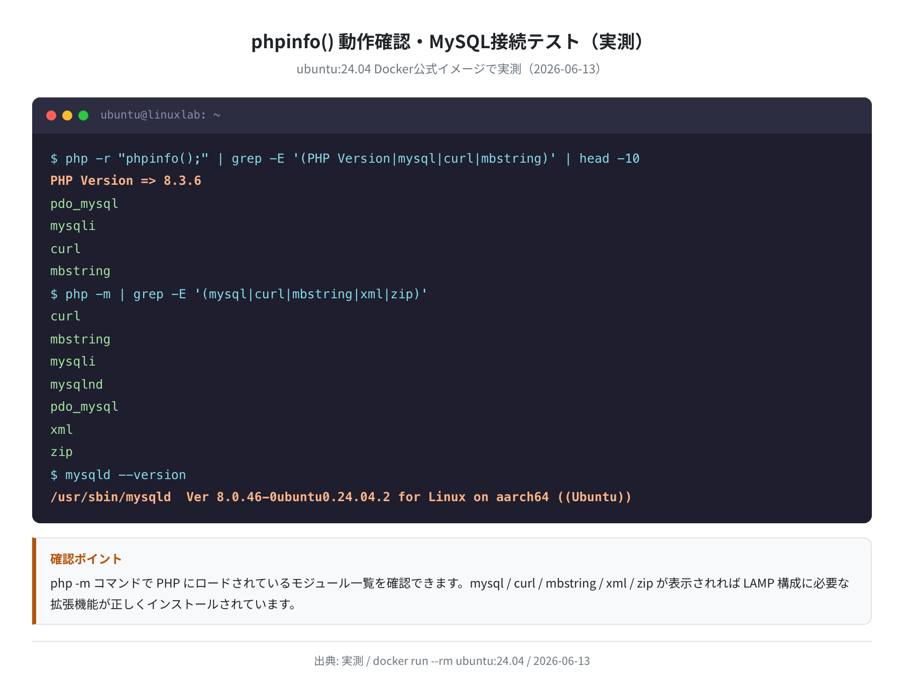 phpinfo() モジュール確認・MySQL接続テスト（実測）