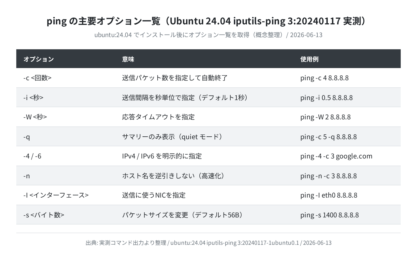 pingの主要オプション一覧(実測コマンド出力より)