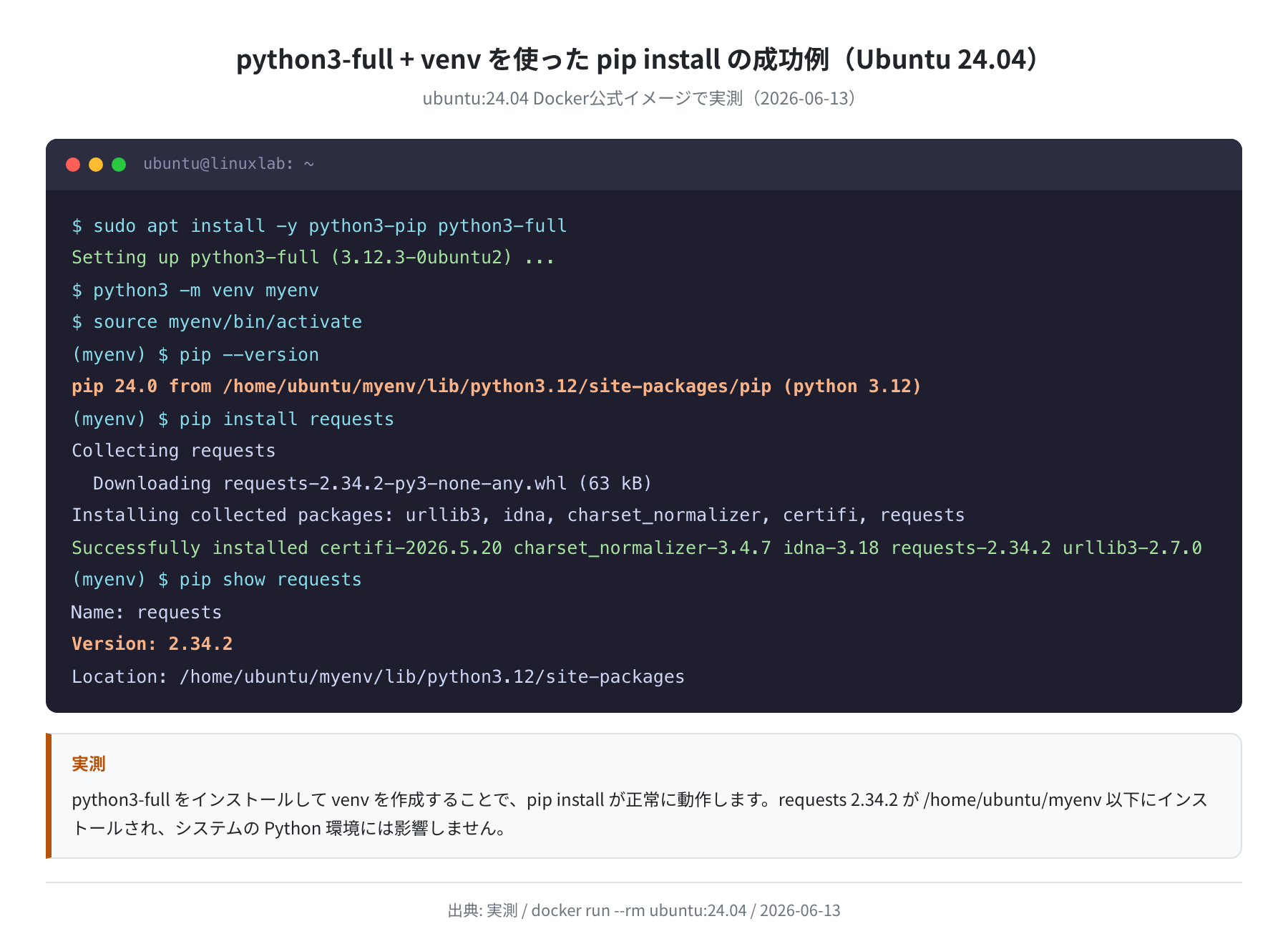 venv を使った pip install の成功ログ（Ubuntu 24.04 / 実測）