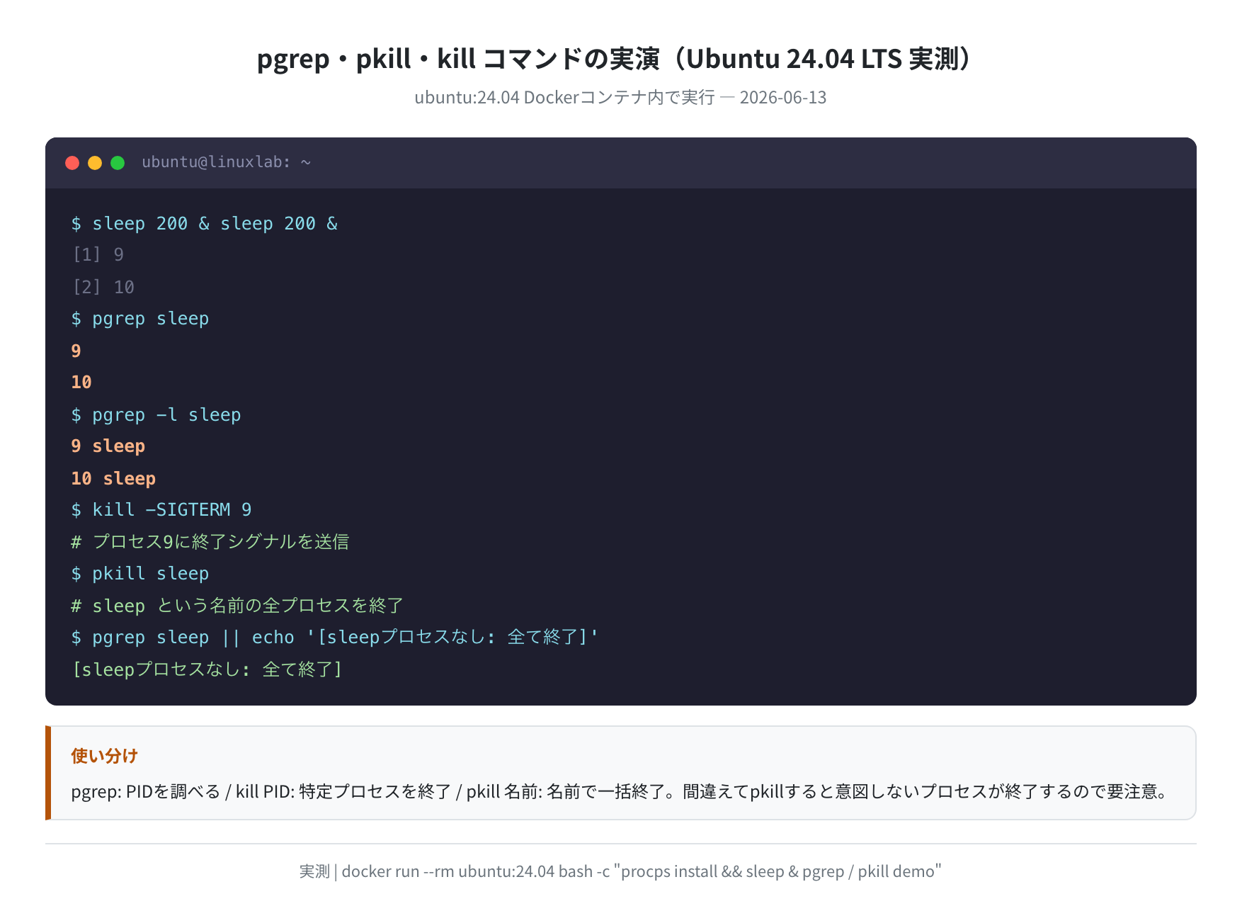 pgrep・pkill・kill コマンドの実演(Ubuntu 24.04 LTS 実測)