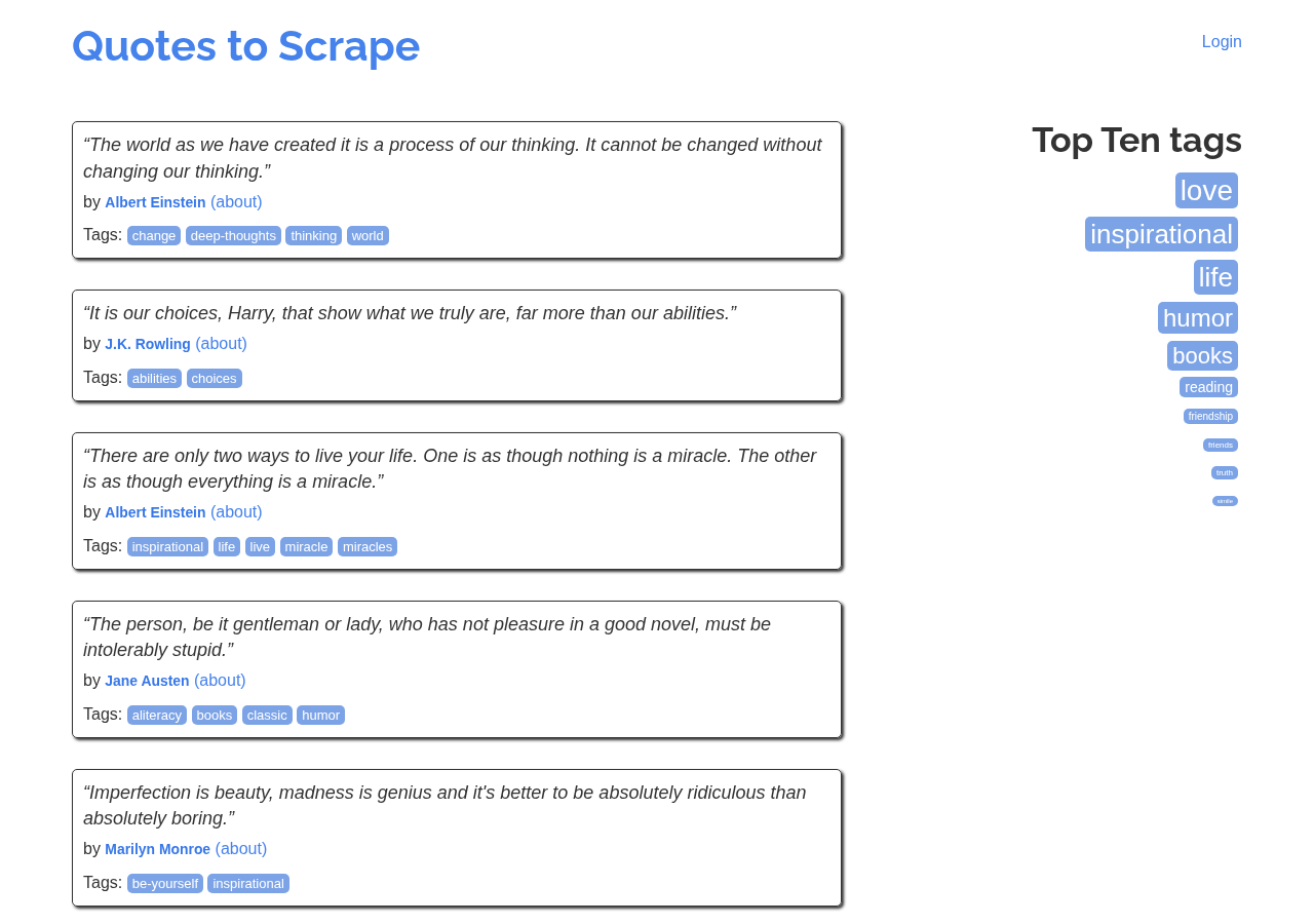 Puppeteer がアクセスした quotes.toscrape.com（ヘッドレスChrome撮影）