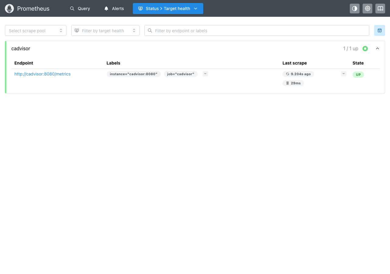 PrometheusのTargets画面（cAdvisorがUP状態）