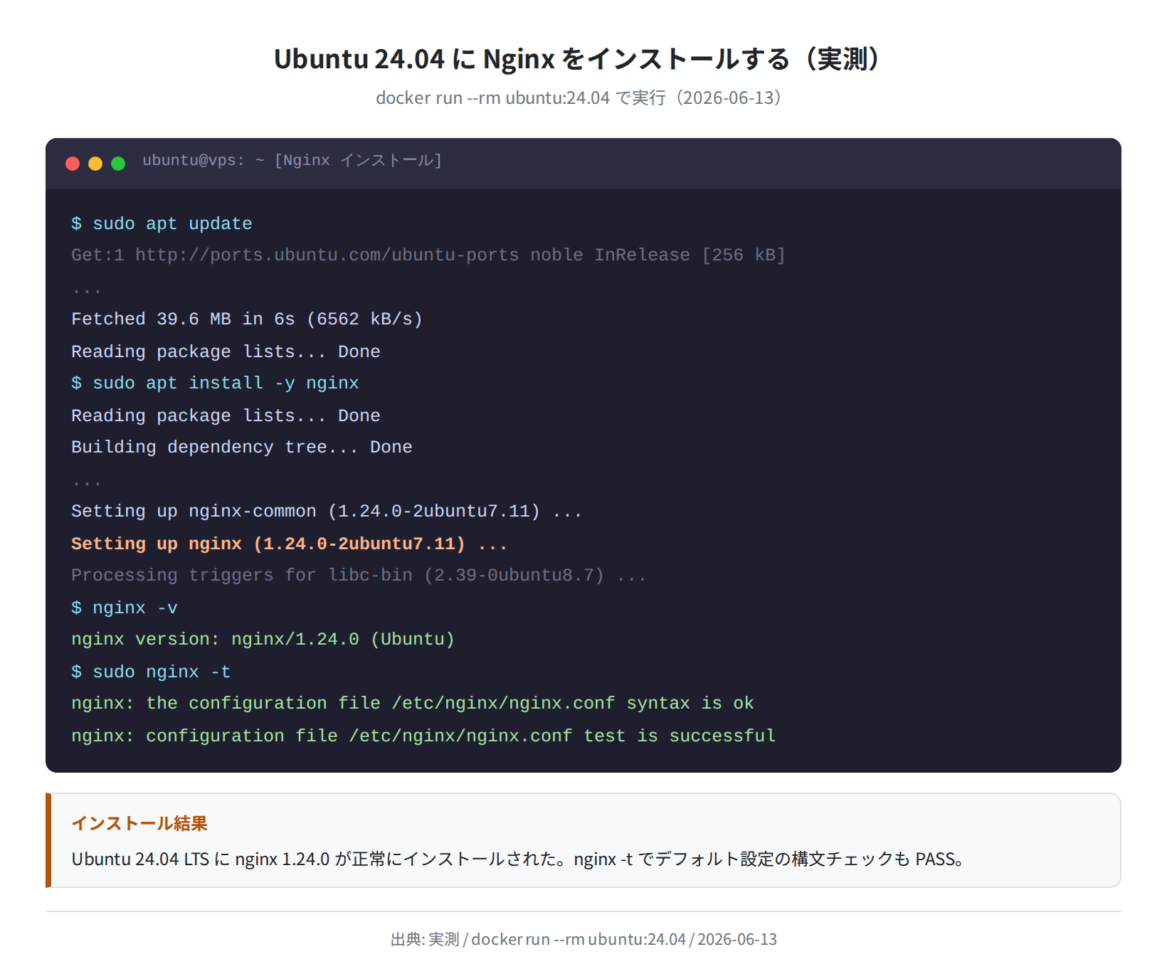 apt install nginx の実行ログと nginx -v の出力