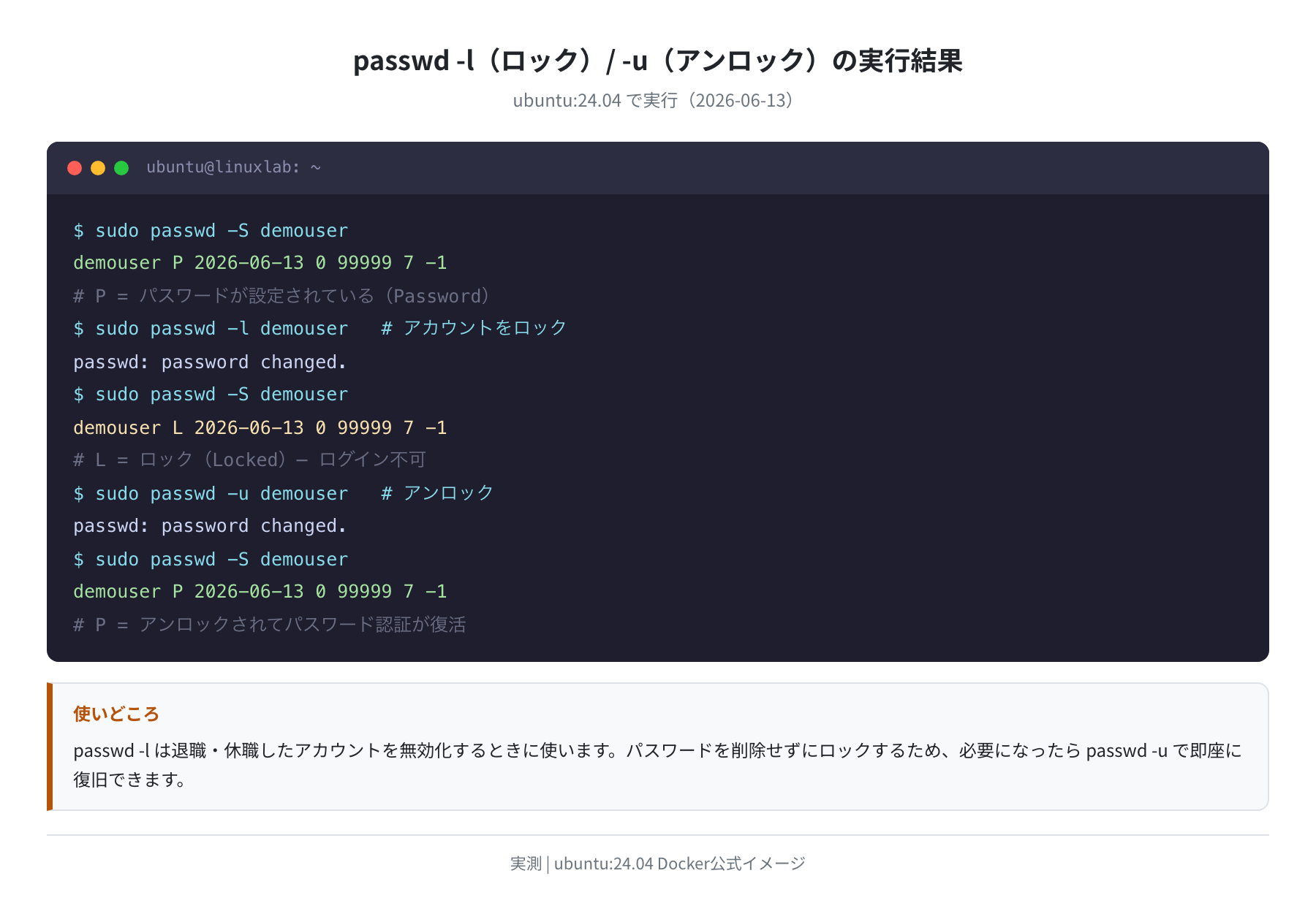 passwd -l(ロック)/ -u(アンロック)の実行結果(実測)